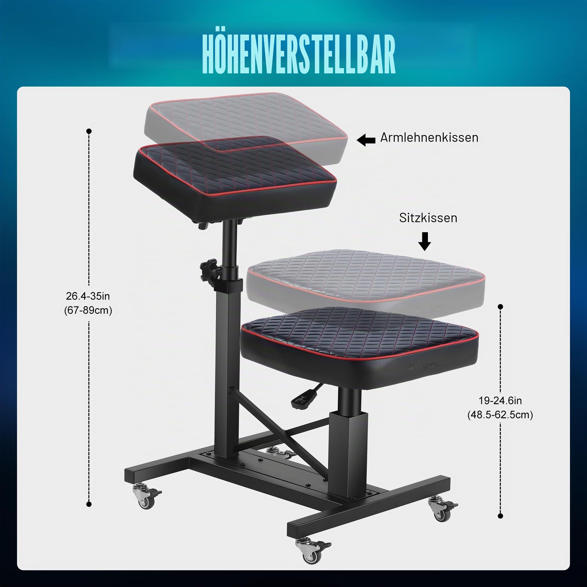 Poarmeey Tätowierstuhl aus Eisen mit Hydraulischer Höhenverstellung | Hochdichte Schaumstoffpolsterung, Rotes Karomuster, Gummirollen, Kombinations-Armlehne, Für Kunden & Künstler