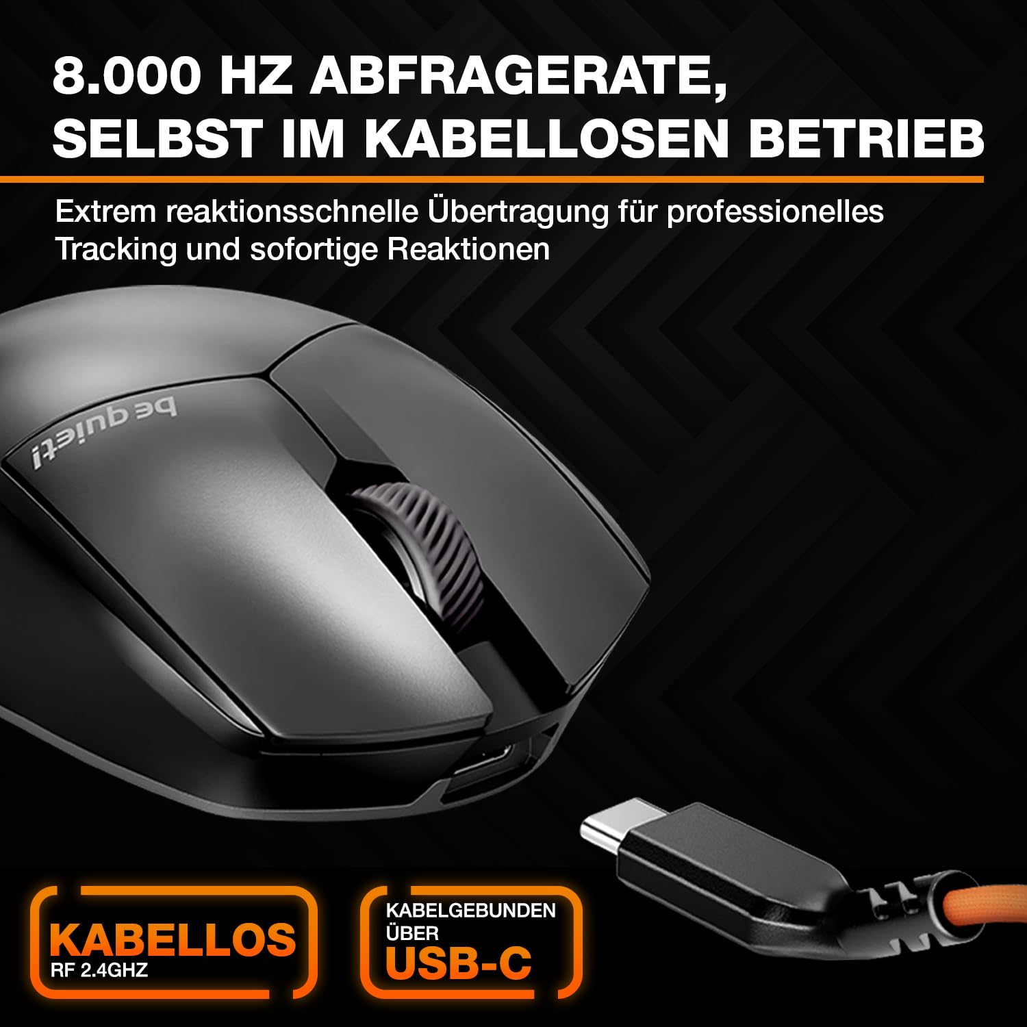 be quiet! Dark Perk Ergo PC Gaming Maus, 55 g leicht, extrem Lange Akkulaufzeit, 8.000 Hz Abtastrate, PixArt PAW3950 Sensor, 32.000 DPI, optische 70-m-Switches, 100% PTFE-Glide Skates