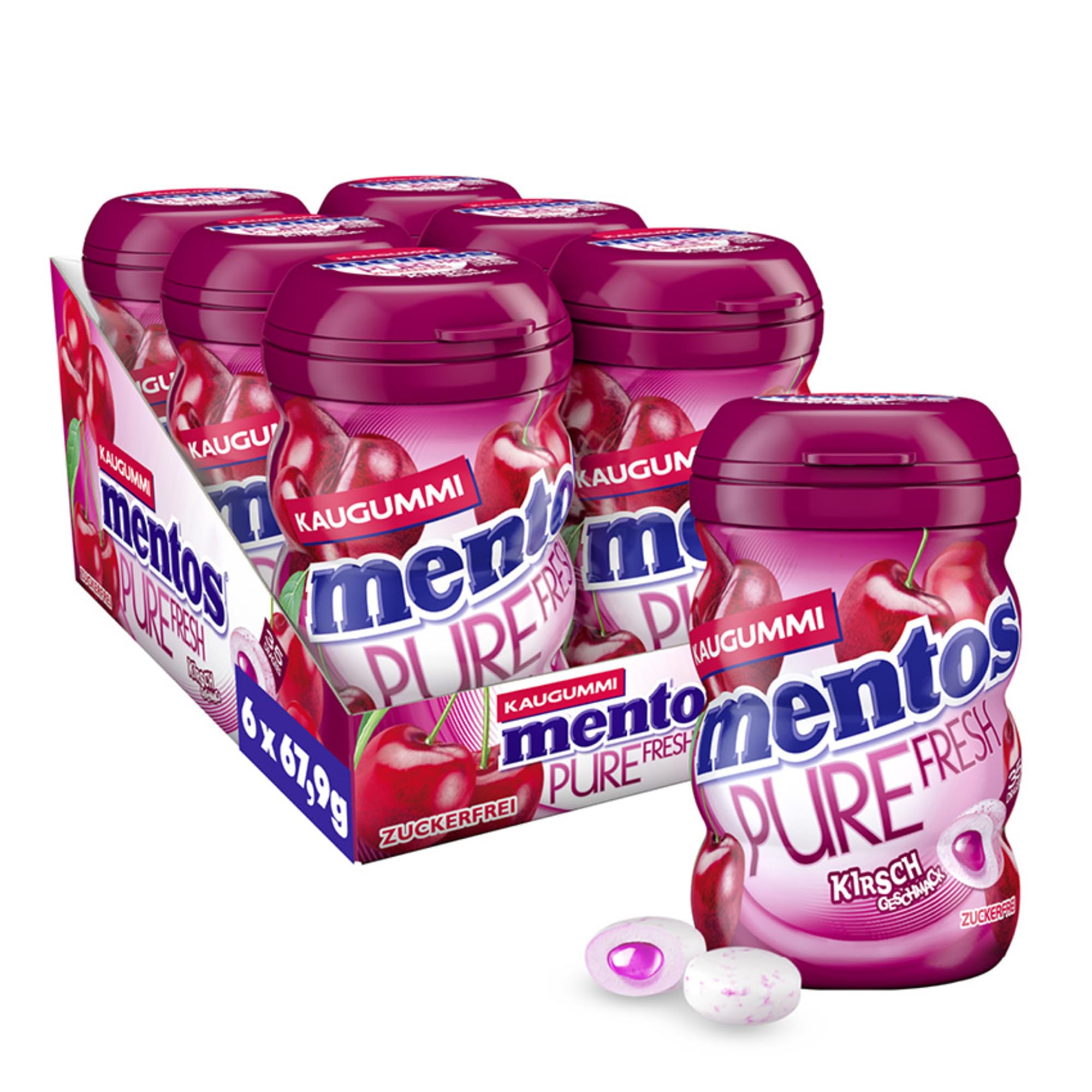 Mentos Kaugummi Pure Fresh Kirsche, 6 Boxen zuckerfreie Chewing Gum Dragees mit Kirsch-Geschmack und flüssiger Füllung, Multipack (6 x 35 Stück)