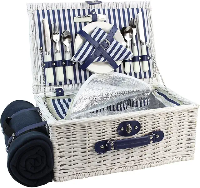 Willow Picnic Basket for 4 - Large Wicker Set with Cooler & Blanket