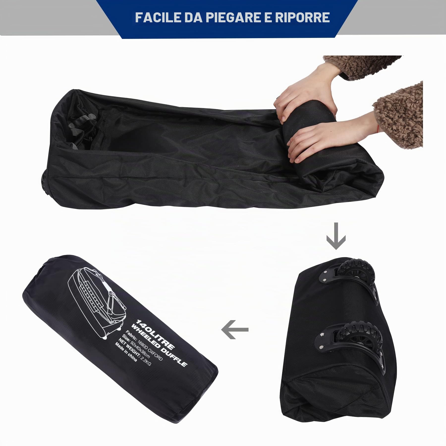 REDCAMP Borsone da viaggio con ruote, grande bagaglio pieghevole da viaggio con rulli, 140 l, nero, 140l