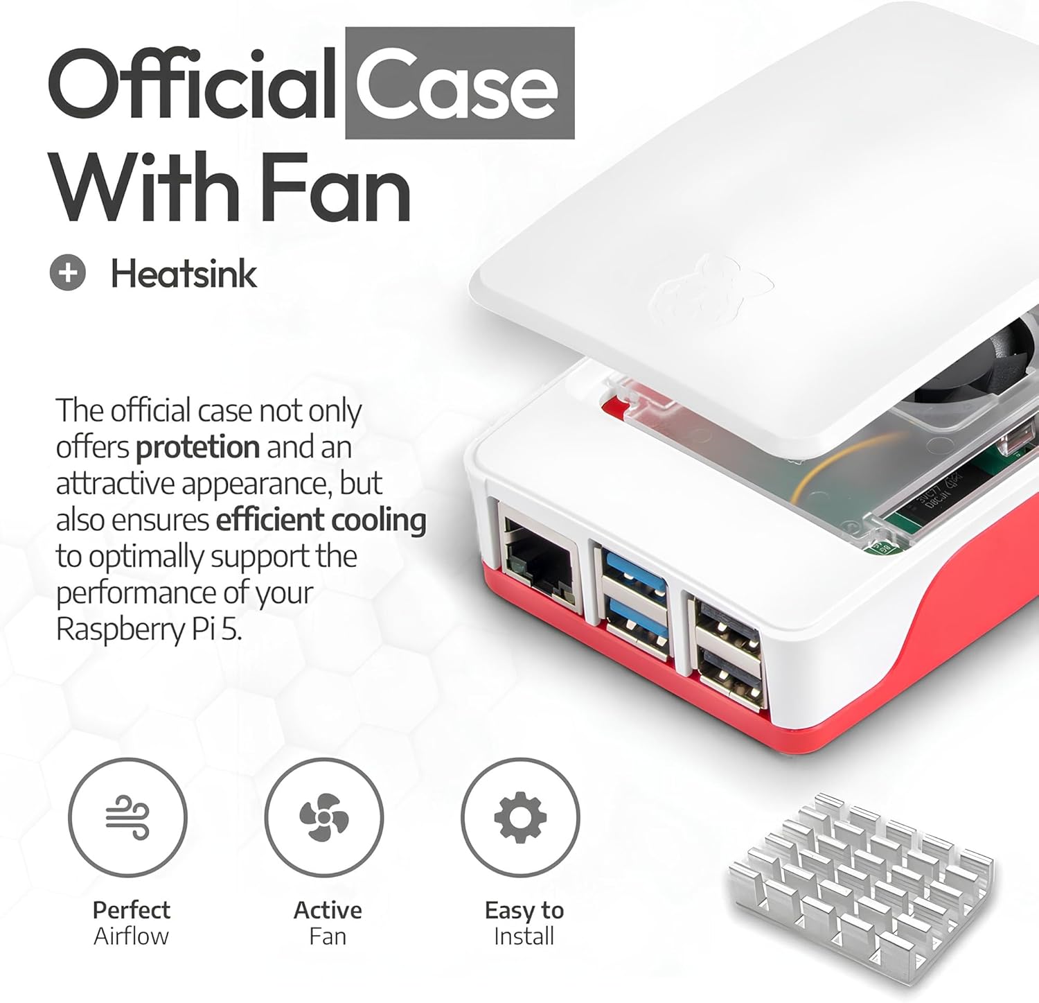 Image of the official Raspberry Pi 5 case with an integrated fan and a separate heatsink.