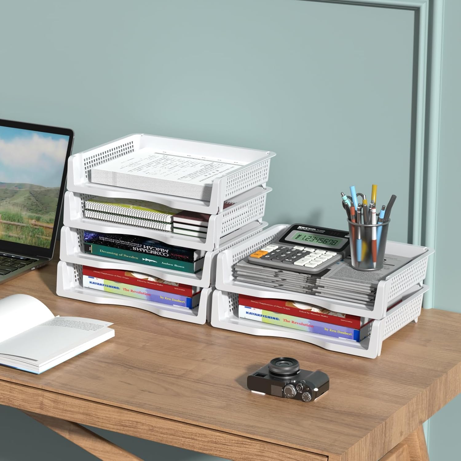 Teyyvn 6 Pack Plastic Stackable Paper Tray, Desk Letter Organizer Trays Stackable, White