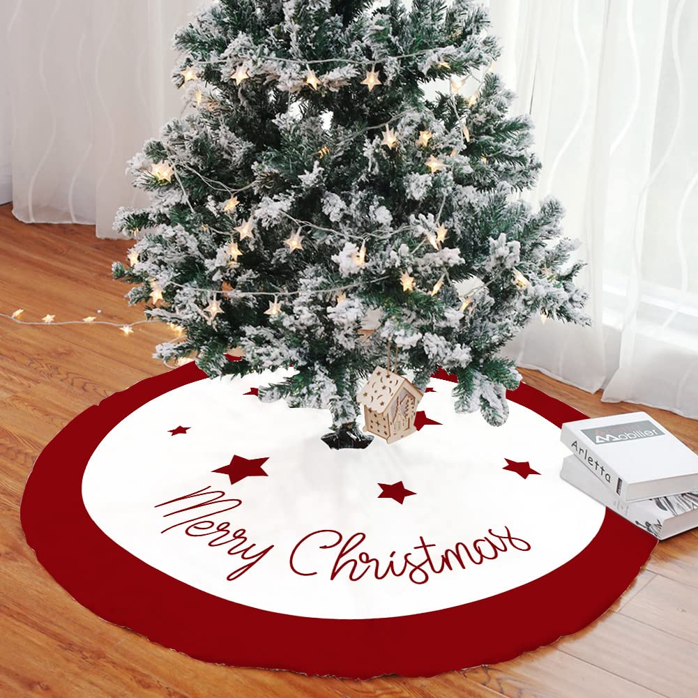 Meiju-Shop Boys Red Stars Christmas Tree Skirt 28/36/48 Inch, Meiju Xmas Tree Skirt Soft Plush Base Floor Mat Cover Christmas Party Decorations (,36Inch)