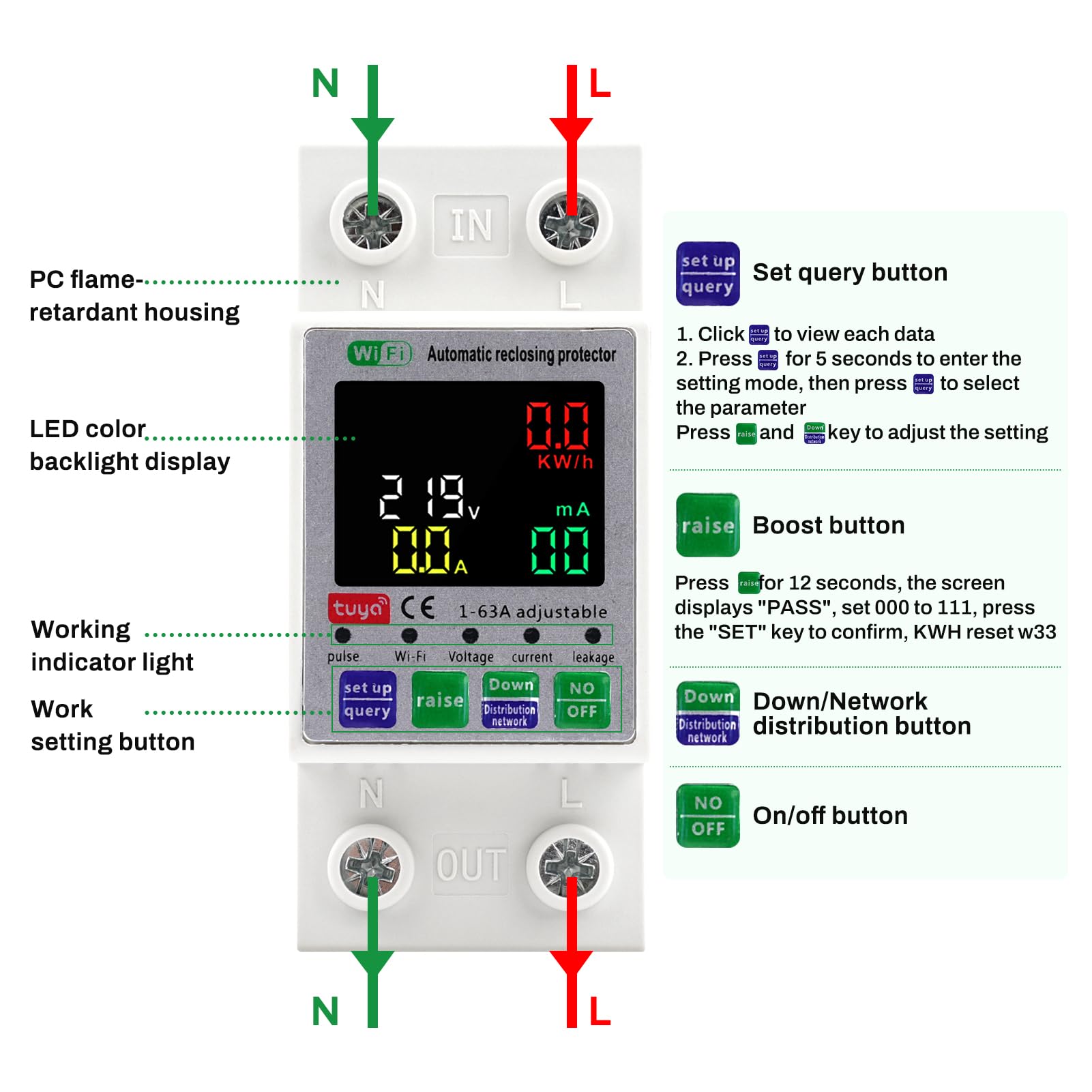 63A Disjoncteur différentiel Wifi Interrupteur protecteur de surtension compteur electrique 2P 220V AC Auto réinitialisation La surtension/sous-tension et la surintensité peuvent être réglées.