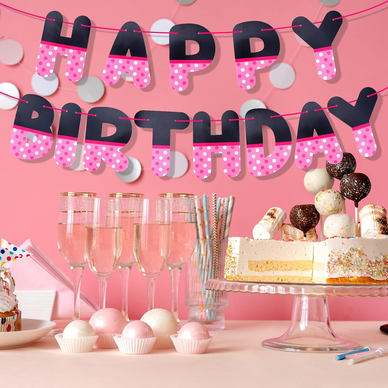 Pink Black Happy Birthday Banner, Cartoon Themed Birth Birthday Party Decorations Letter Hanging Backdrop Garland Photo Prop for Girl Kids Party Favors Supplies Wall Decor - Image 4