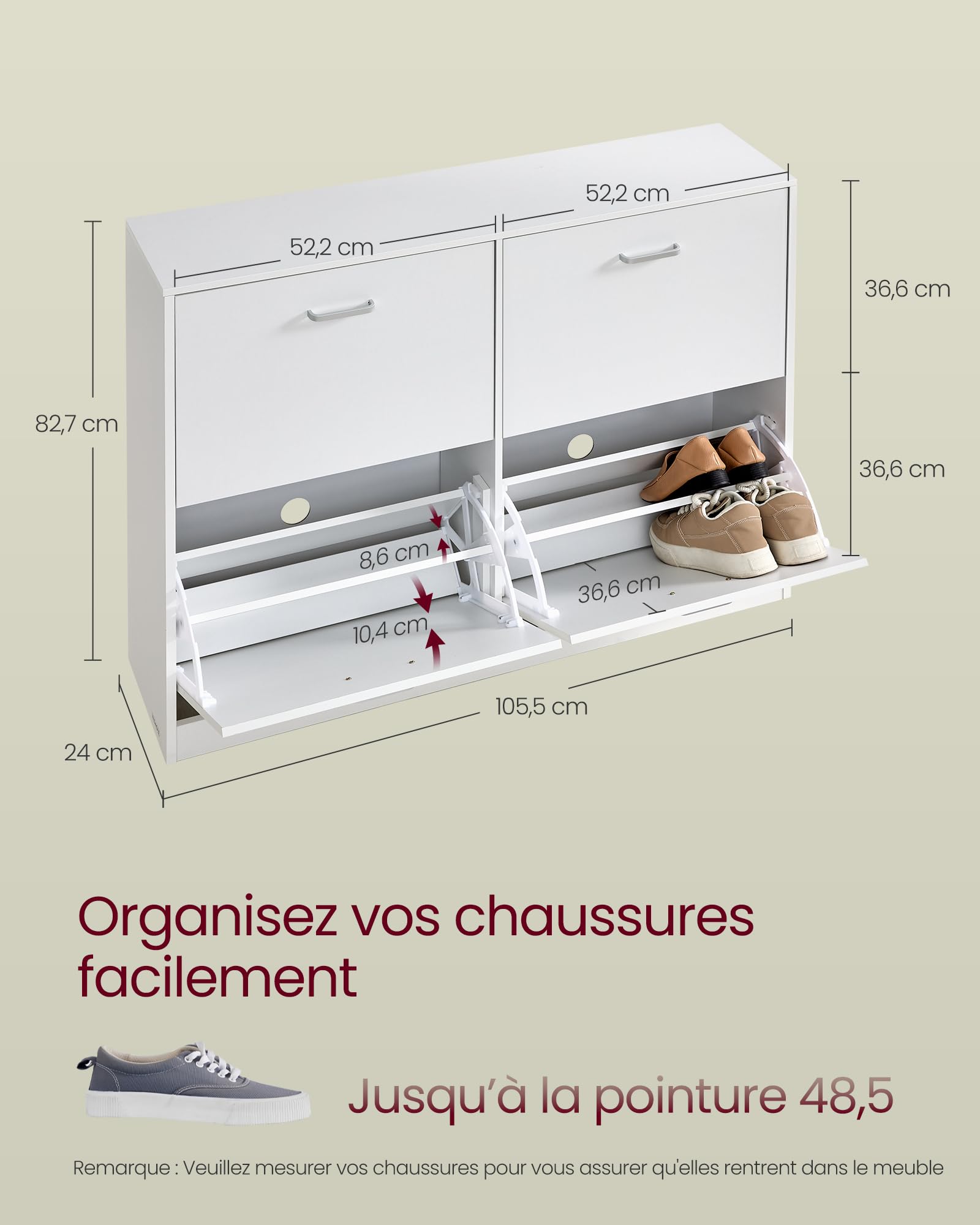 VASAGLE Custos Collection - Meuble à Chaussures à 3 Abattants, Placard de Rangement à 3 Niveaux, 3 Compartiments, pour Entrée, Salon, Chambre, Blanc Neige LBC035W01