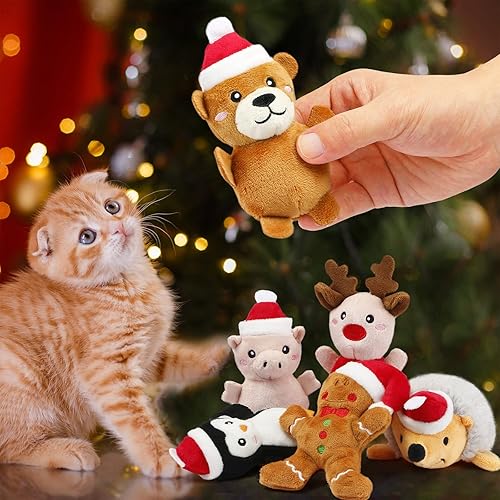Miniatura 3 de Senneny Juego de 6 juguetes de Navidad con hierba gatera – reno, hombre de jengibre, oso, cerdito, erizo, pingüino, juguetes de animales de peluche,