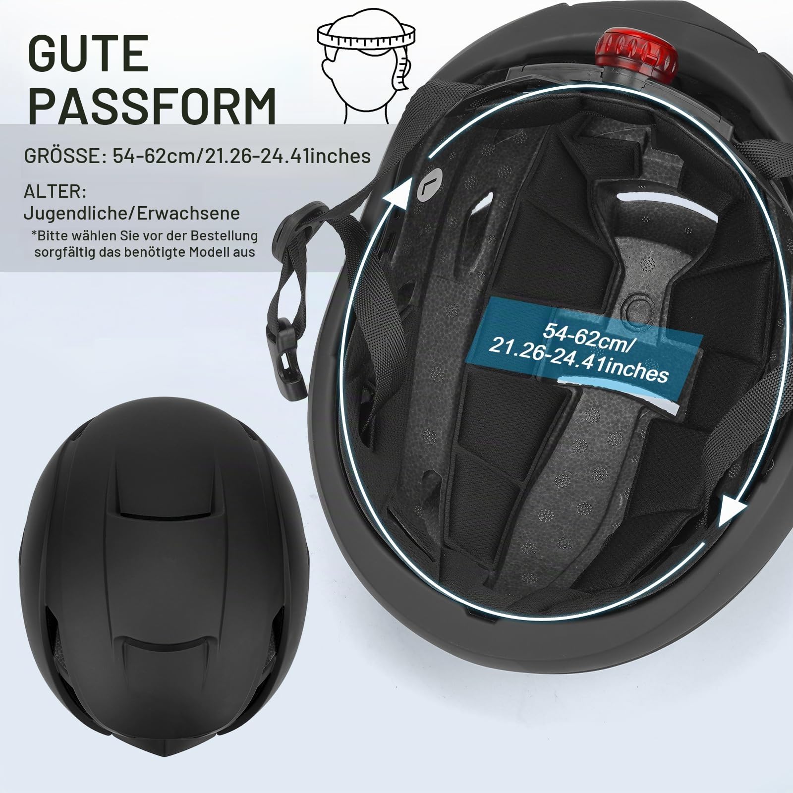 Fahrradhelm Erwachsene mit Licht, Leichter Radhelm, Rennradhelm, Cityhelm Urban Verstellbarer Fahrradhelm für Damen und Herren, Fahrrad Helm mit 14 Belüftungskanäle 54-60CM