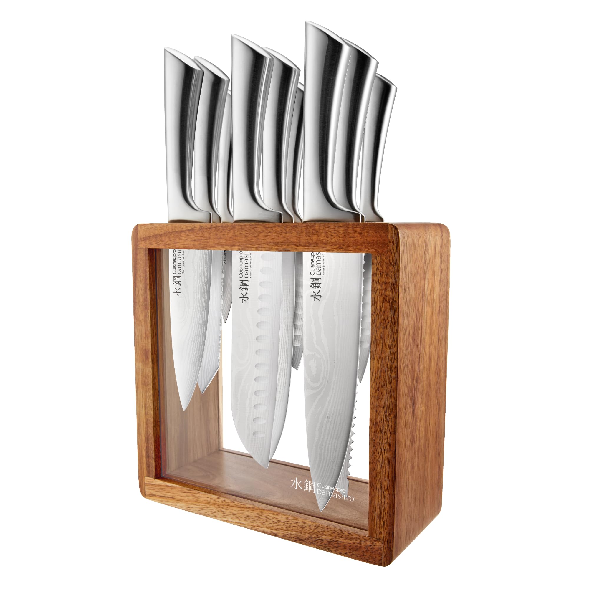 Cuisine::pro Damashiro Hiryu 10-piece knife block set with acacia wood block and tempered glass window