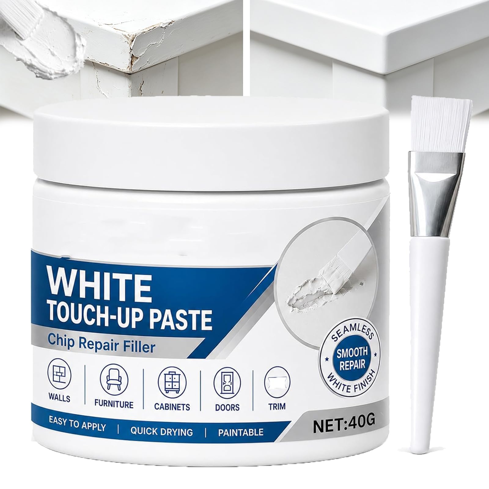 White Furniture Touch-Up Paste with Brush, White Touch Up Paint For Wood, Wood Filler & Wall Repair Cream for Scratches, for Furniture,Wall,Door, Cabinets, Enamel (1PCS)