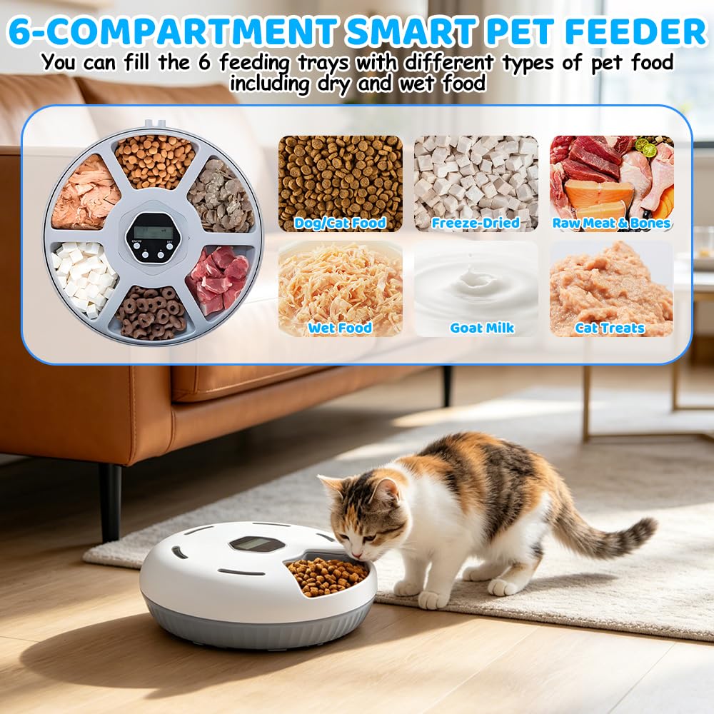 Comedero Automatico Gato, HOVCEH Dispensador para Comida Humeda Gato, Dispensador Comida Ga-to con Temporizador y 2 Paquetes de Hielo, 6 Comidas, El Temporizador se Puede Ajustar Libremente