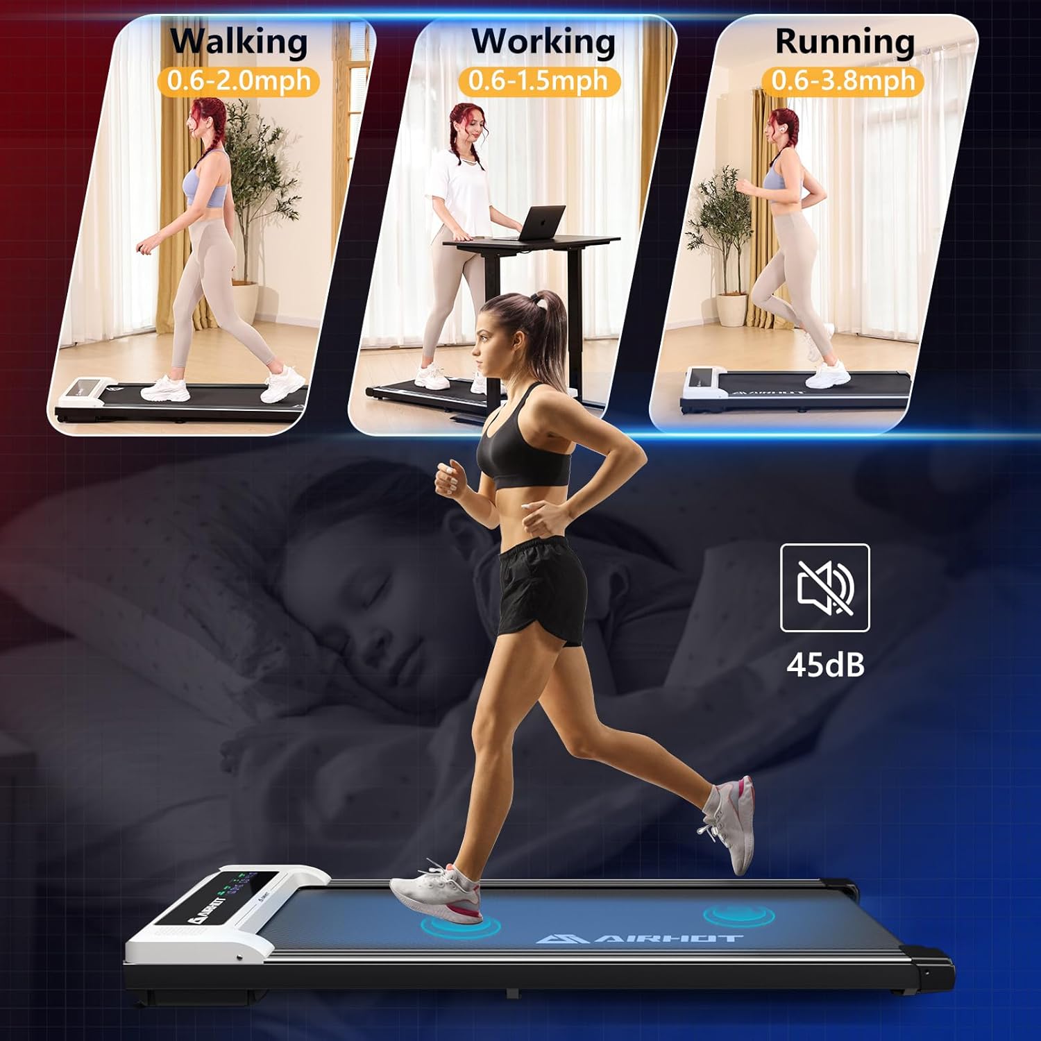 AIRHOT P2 Walking Pad Treadmill showing different usage modes: walking, working, and running.