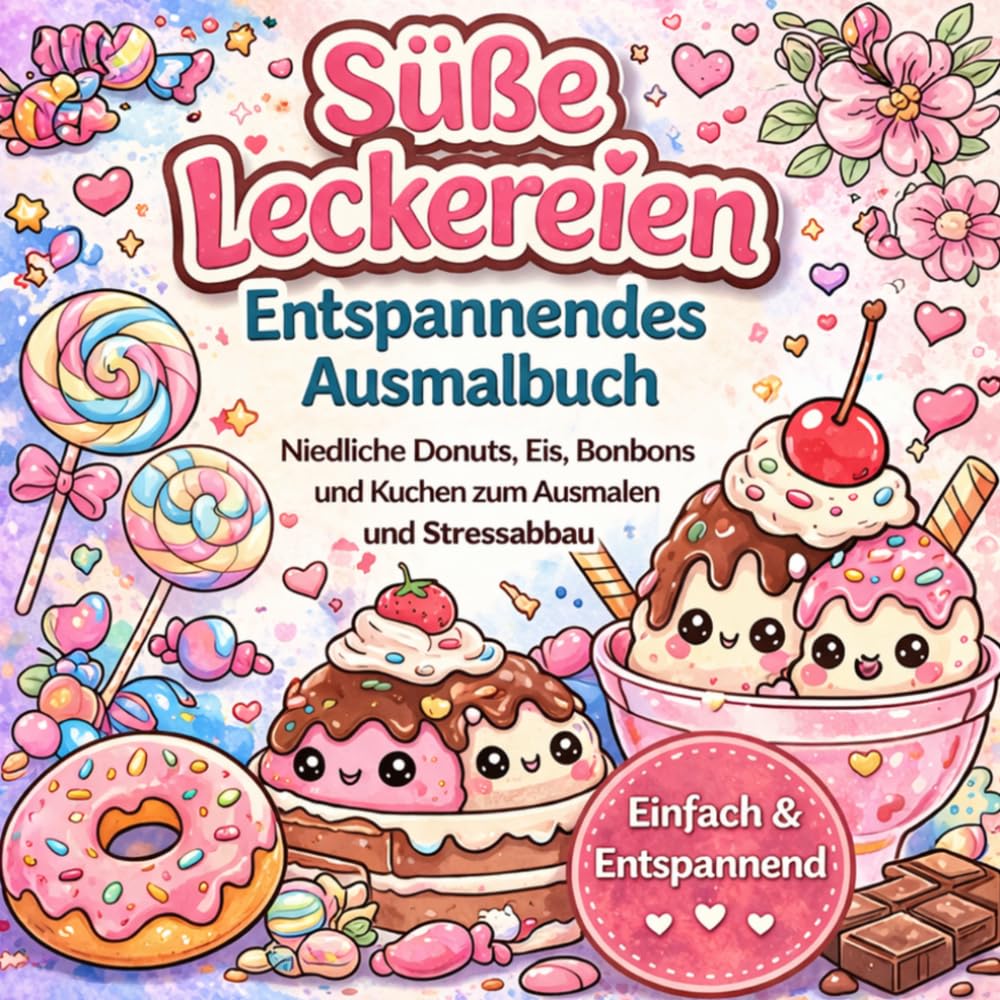 Süße Leckereien: Entspannendes Ausmalbuch-Niedliche Donuts, Eis, Bonbons und Kuchen zum Ausmalen und Stressabbau
