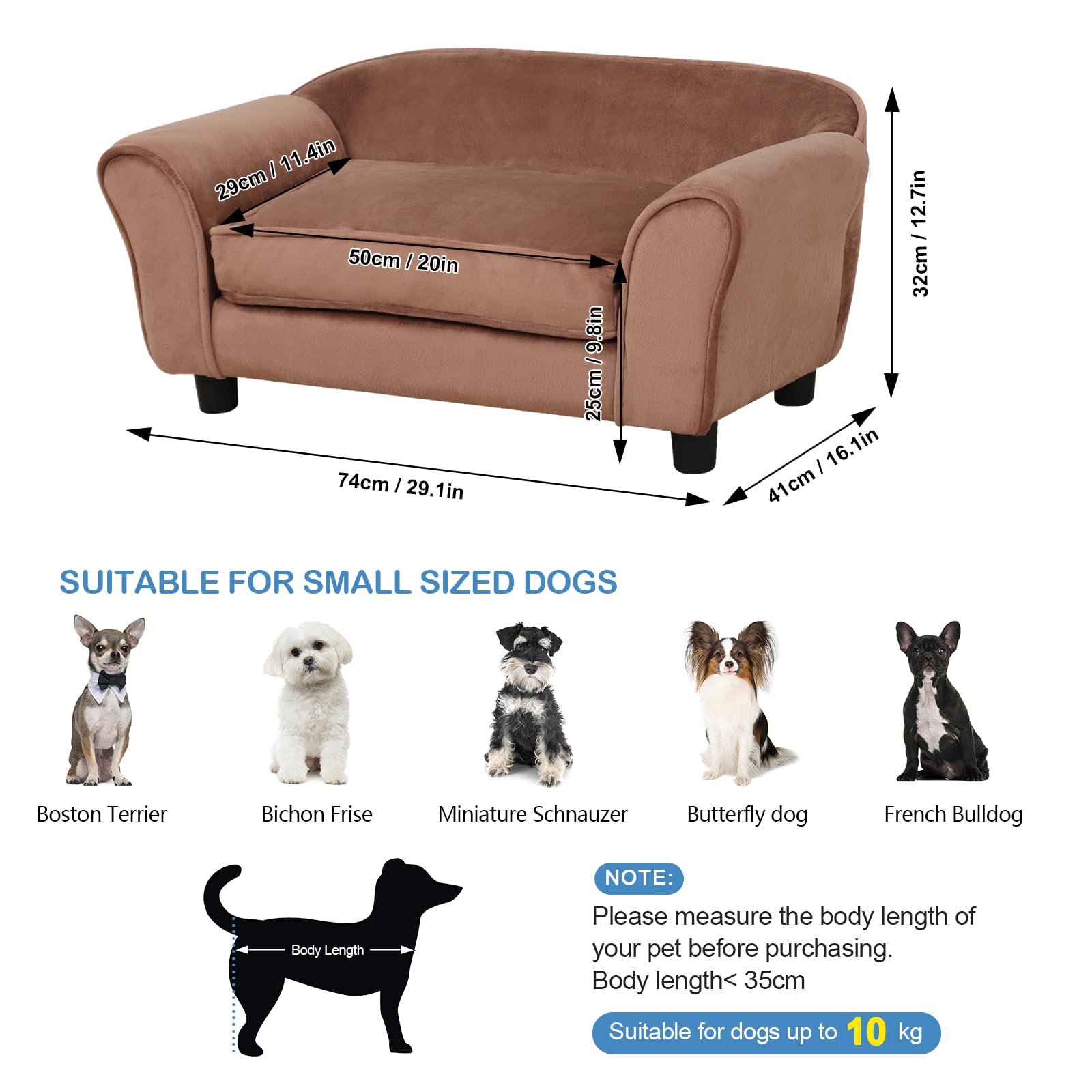 Hundesofa Aus Samt & Holz – Waschbares Kissen, Für Kleine Hunde Bis 10 Kg (braun, 49,5x49,6 Cm)