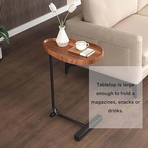 Miniatura 5 de VKKILPEE Mesa auxiliar minimalista en forma de C de 23.62 pulgadas de alto, bandeja de TV pequeña, mesa auxiliar de madera marrón, mesita de noche,