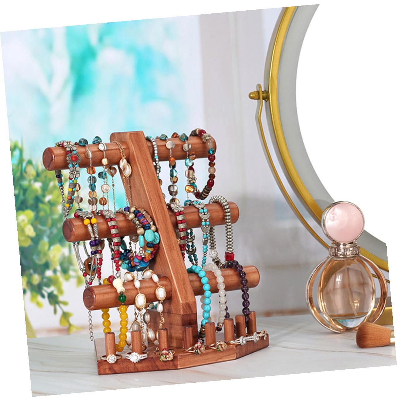 Vintage Schmuckständer aus Massivem Holz Dreistöckiger Armband Ringhalter mit Rutschfester Basis Stabiler Schmuckorganizer für Bangles Uhren und Schmuckaufbewahrung dem