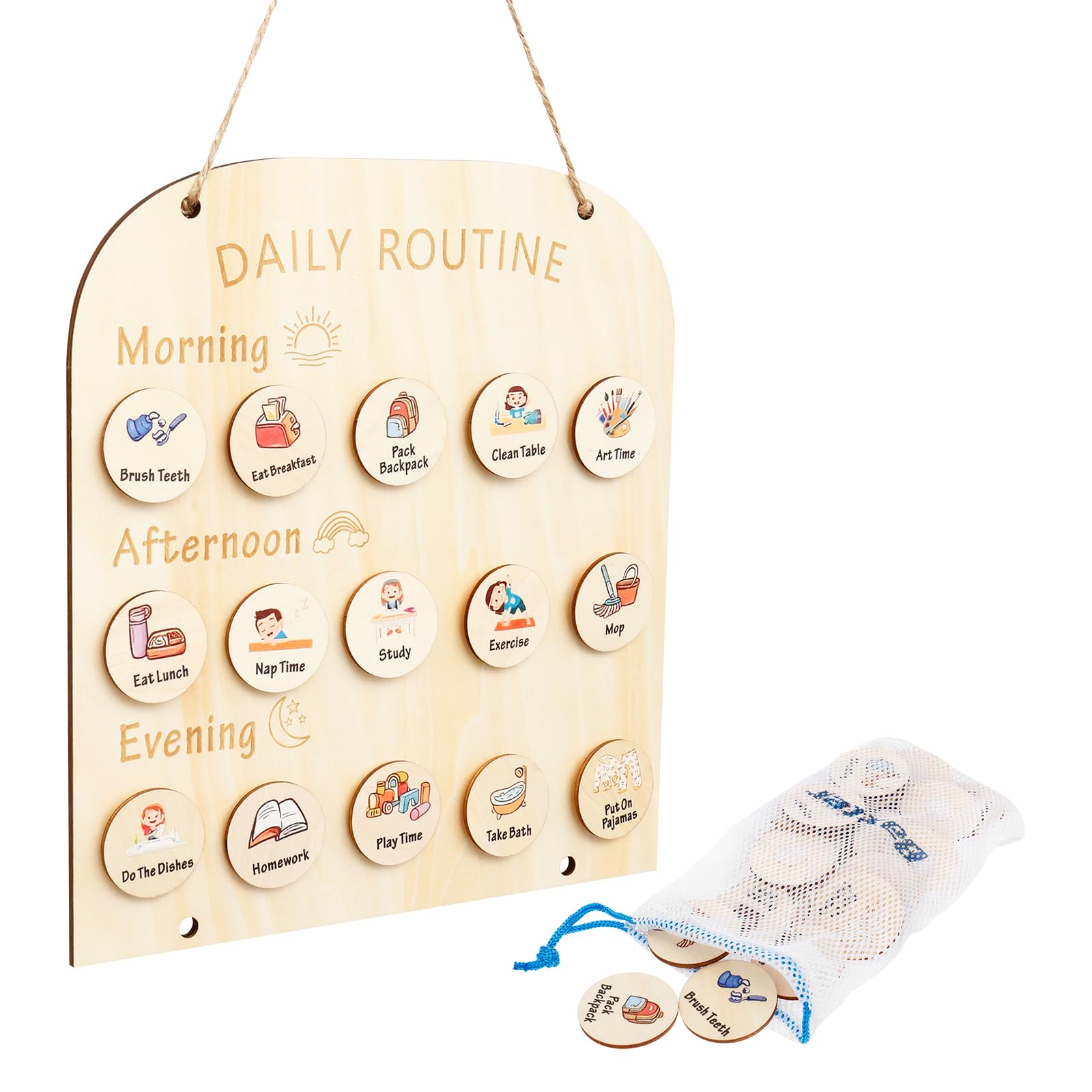 Daily Routine Chart for Toddlers 3-5 Year Old, 30.5×28×0.5 cm Wooden Visual Schedule, Morning Bedtime Planner Boards with Round Card and Storage Bag, Kids Chore Schedule Chart for Home and Classroom