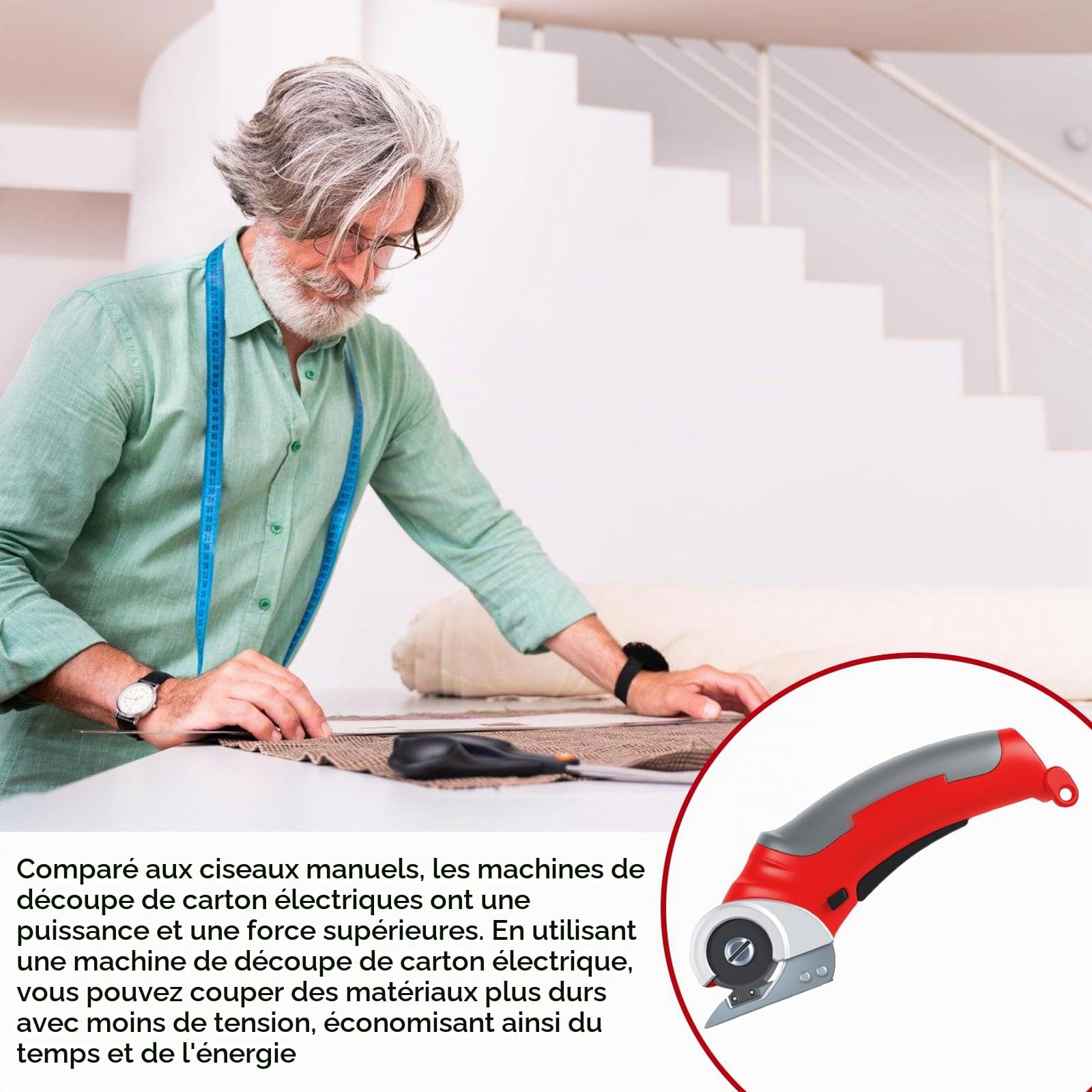 Cisailleuse électrique en carton, cisaille électrique 2000 mAh, cisaille électrique 4,2 V avec disjoncteur de sécurité, pour tissus, tapis, cuir (rouge)