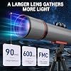 Telescopio WOZEL para adultos de alta potencia - Refractor astronómico de 90mm 600mm | 30x-180x, portátil, observa la luna y el paisaje, viajes, regalos para principiantes y niños, trípode, bolsa, adaptador para teléfono 3