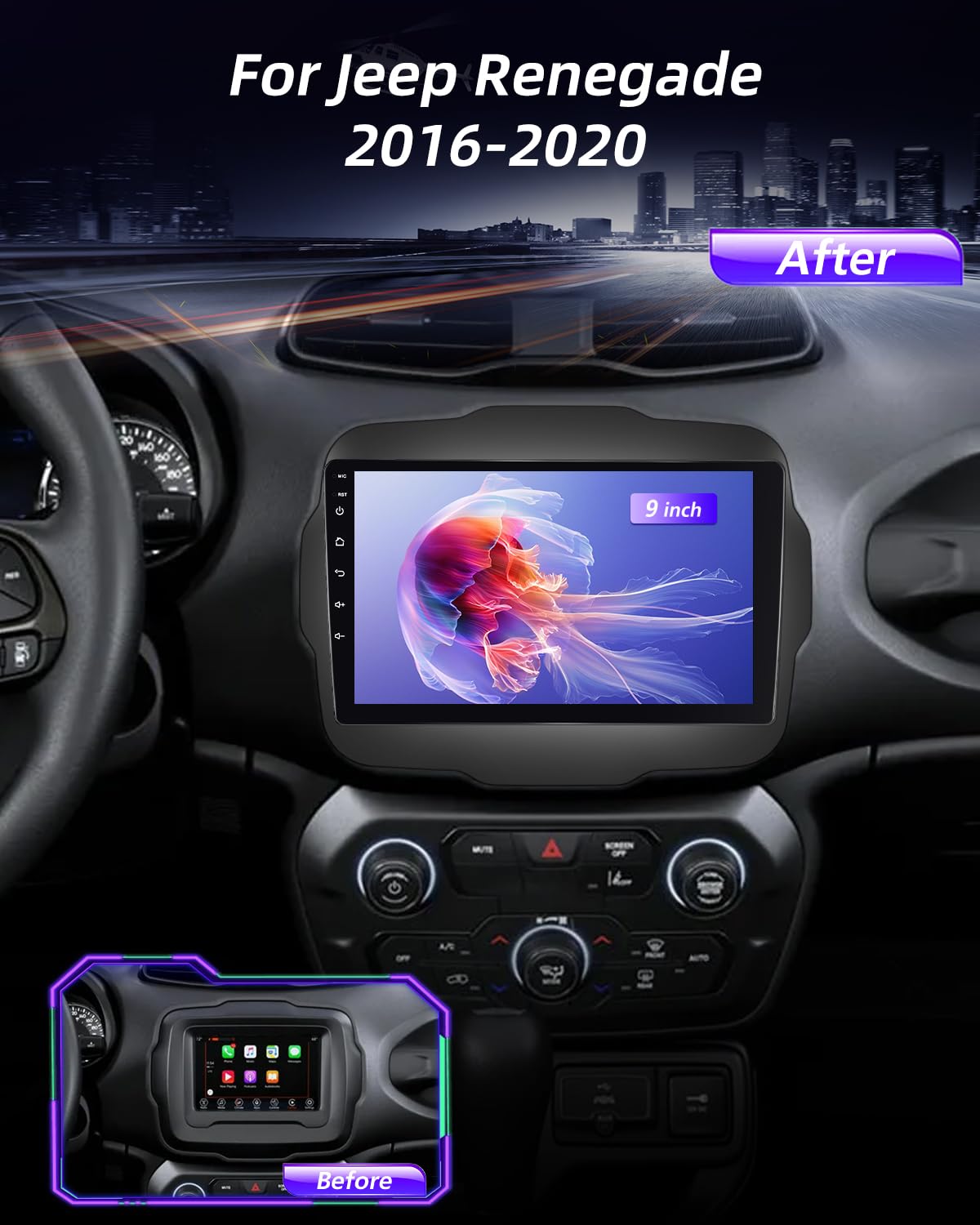 NHOPEEW Qualcomm 8 core 4+64G DAB/DAB+ Autoradio per Jeep Renegade 2016-2020 – Radio da 9 pollici con supporto Carplay e Android Auto, WLAN e GPS, ventola DSP + telecamera posteriore