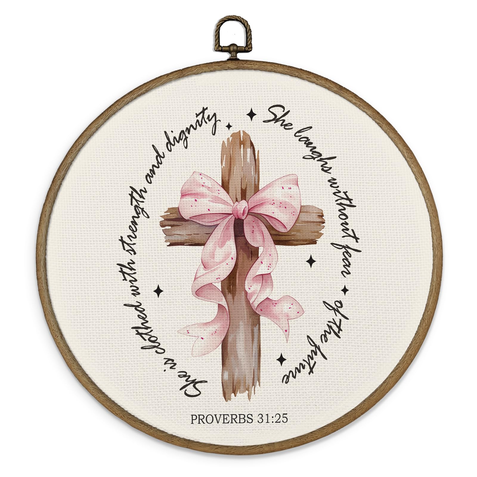 MAQIKA Christian Coquette Proverbs 31:25 Framed Wall Art Decor, Christian Wall Art, Bible Round Wall Hanging Decor, Pink Bow Inspirational Canvas