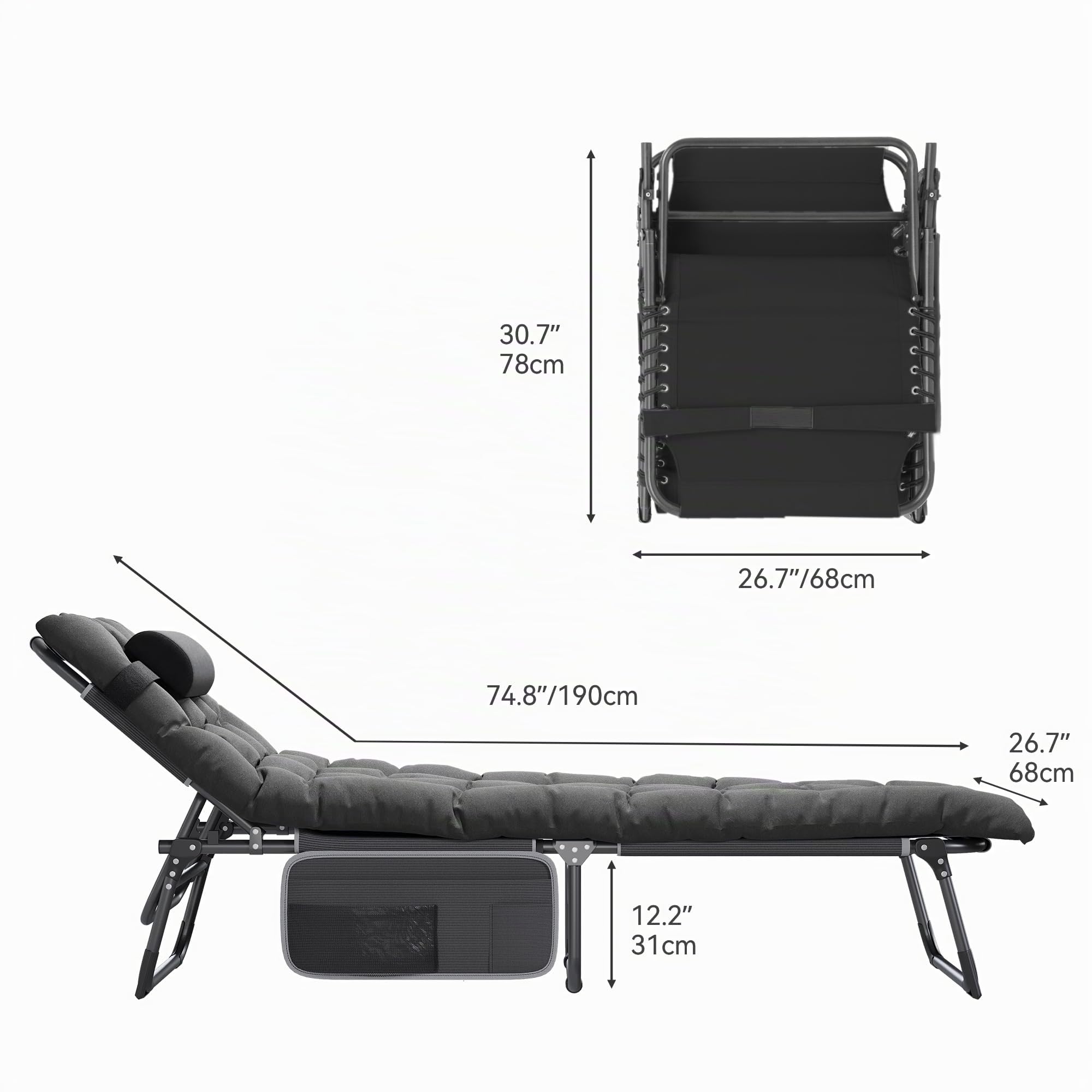 YITAHOME Bains de Soleil avec Coussin 190x68x31cm Chaise Longue Réglable en 4 Positions, Transat Jardin Exterieur avec Appui-tête et Latérale Capacité de Charge 200KG pour Jardin, Piscine, Noir