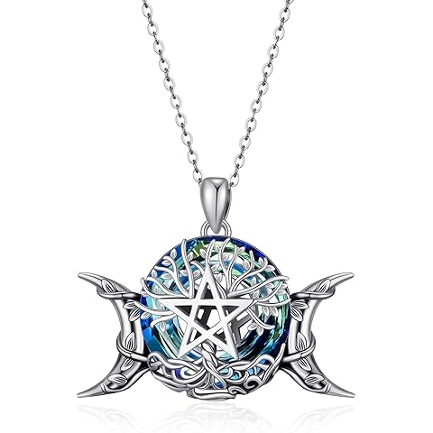 Pentacle Pentagram Necklace Triple Moon Goddess with Blue Crystal Necklace Witch Je...