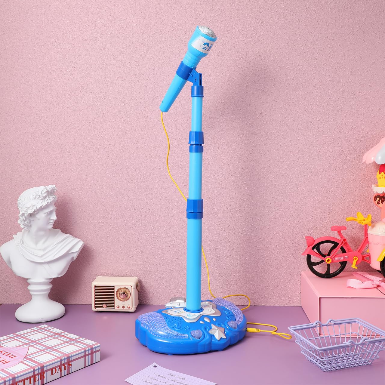 Máquina de karaoke de juguetes musicales para niños con soporte ajustable y micrófonos, juguete de micrófono de música con luces intermitentes de escenario (azul, sin batería) 8