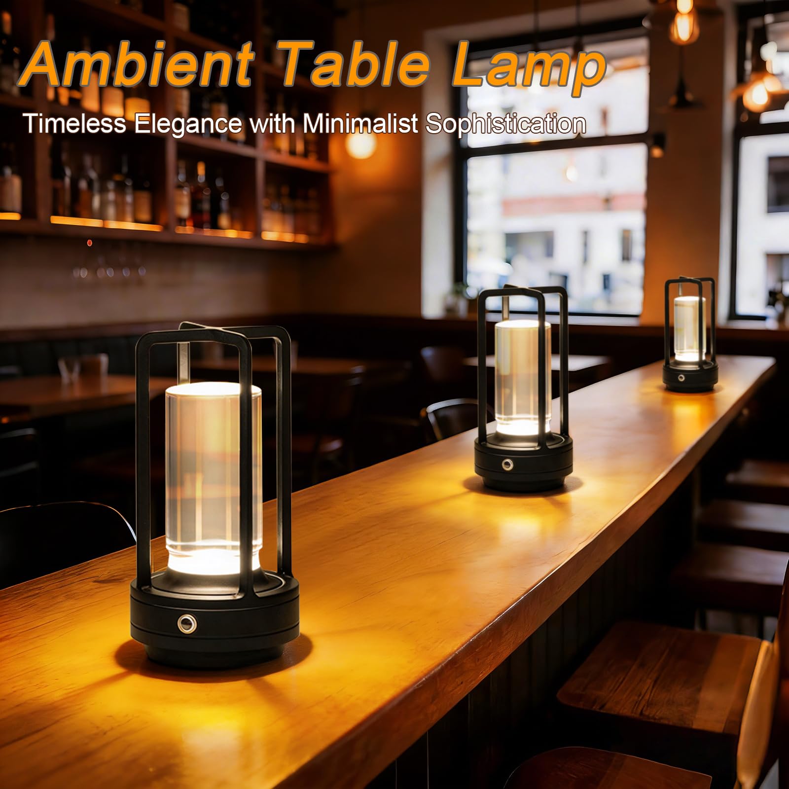 Paquete de 2 lámparas de mesa recargables inalámbricas, 3 colores, atenuación continua de cristal para comedor, sala de estar, bar, cafetería, restaurante, patio, camping (negro)