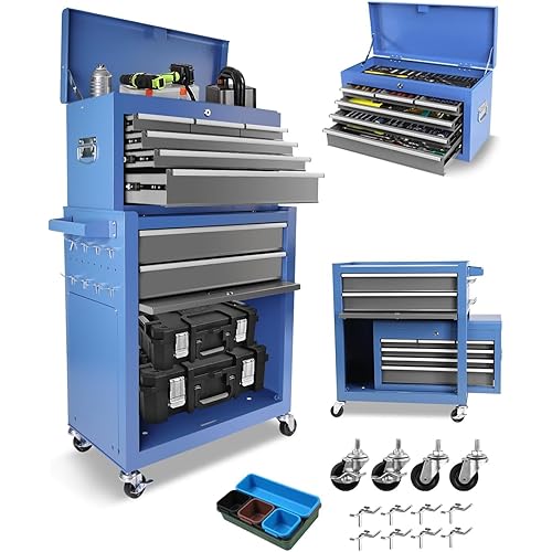 8-Drawer Rolling Tool Chest with Wheels & Detachable Top, Heavy-Duty Steel Toolbox for Garage, Workshop, or Warehouse, Includes Lockable Drawers, Hooks, Tray Dividers & Protective Liners