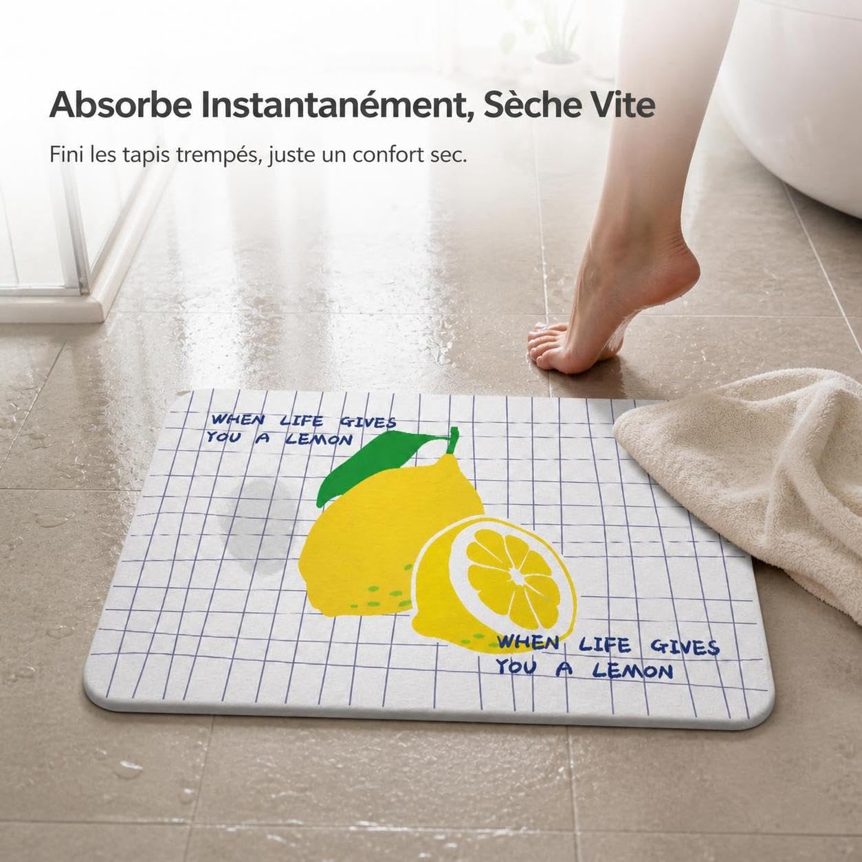 Tapis Bain Diatomée Séchage, 夏日柠檬, 39 * 60 * 0.9cm | Surface absorbante, Tapis bain hygiénique, Utilisation quotidienne, Pour enfants et adultes