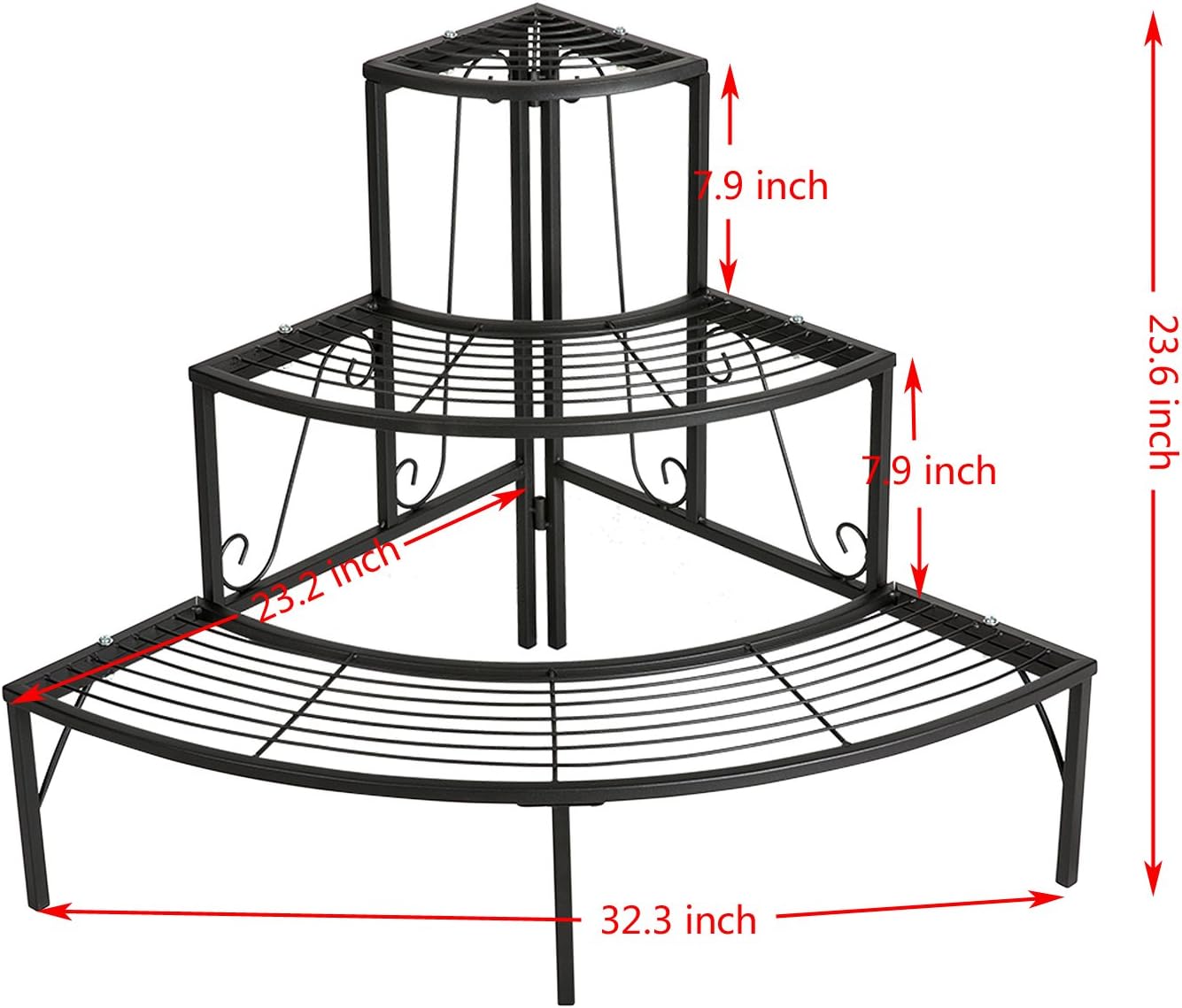 DOEWORKS 3 Tier Plant Stand Flower Pot Rack, Quarter Round Plant Corner Shelf Planters Display Holder orchid shelves for Indoor Outdoor Use, Black