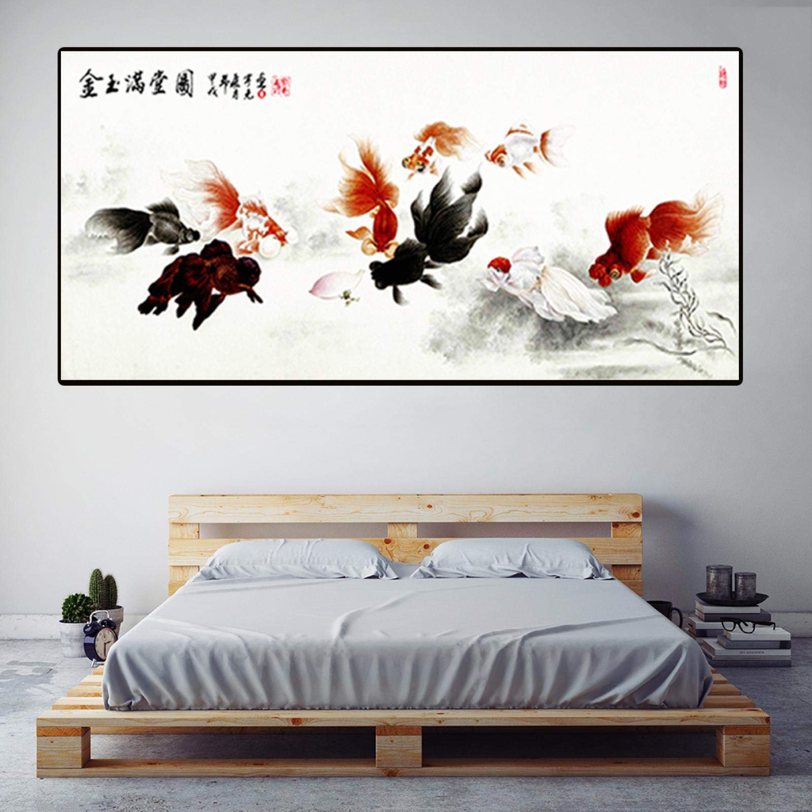 Tradycyjny chiński napis obraz dziewięć złota rybka sztuka ścienna plakat płótno dekoracja vintage do salonu mural 60 x 120 cm bez ramy