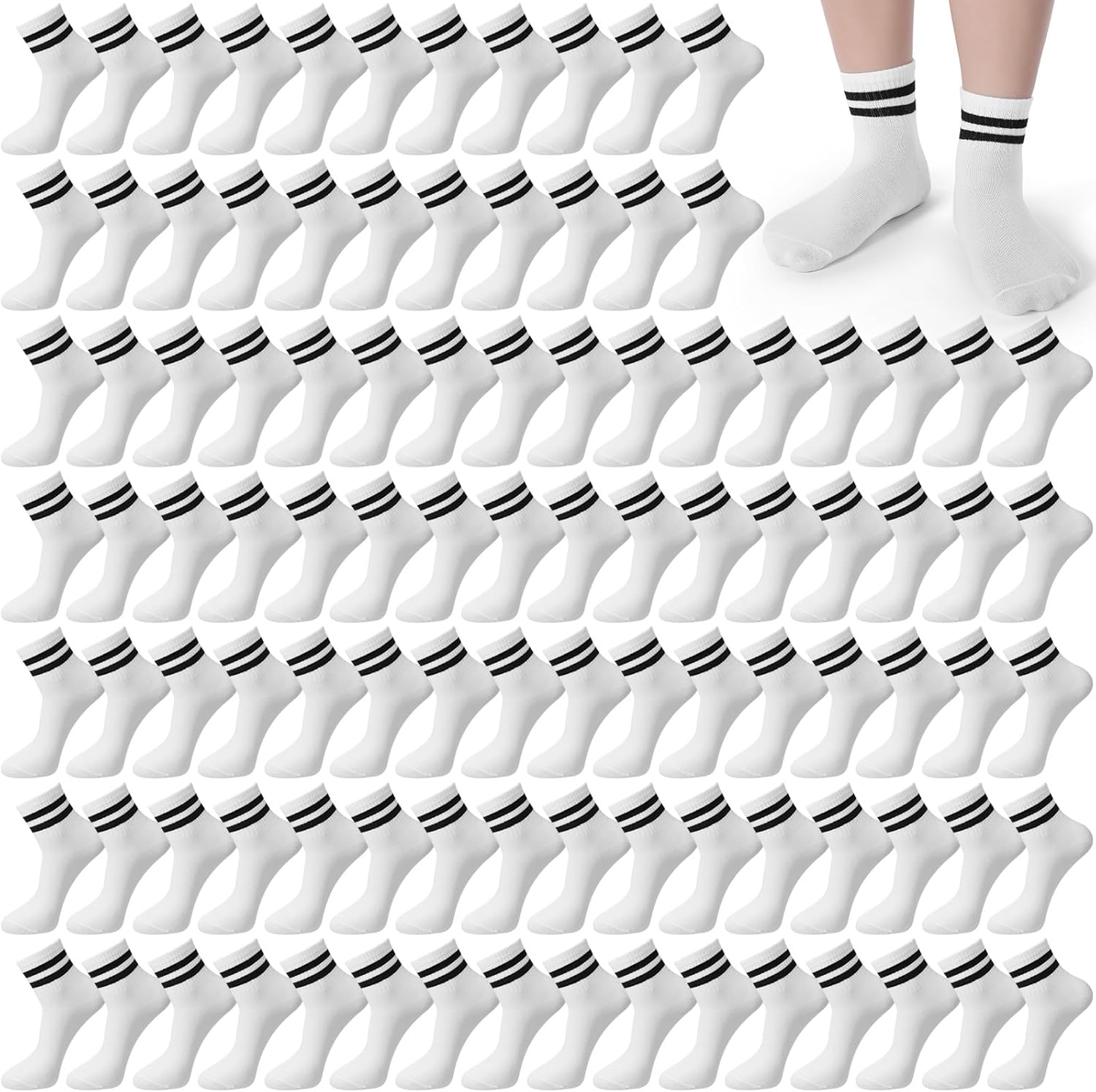 Eurzom 100 Pairs Striped White Crew Socks Bulk for Men Women Athletic Casual Socks for Everyday Family Travel Supplies