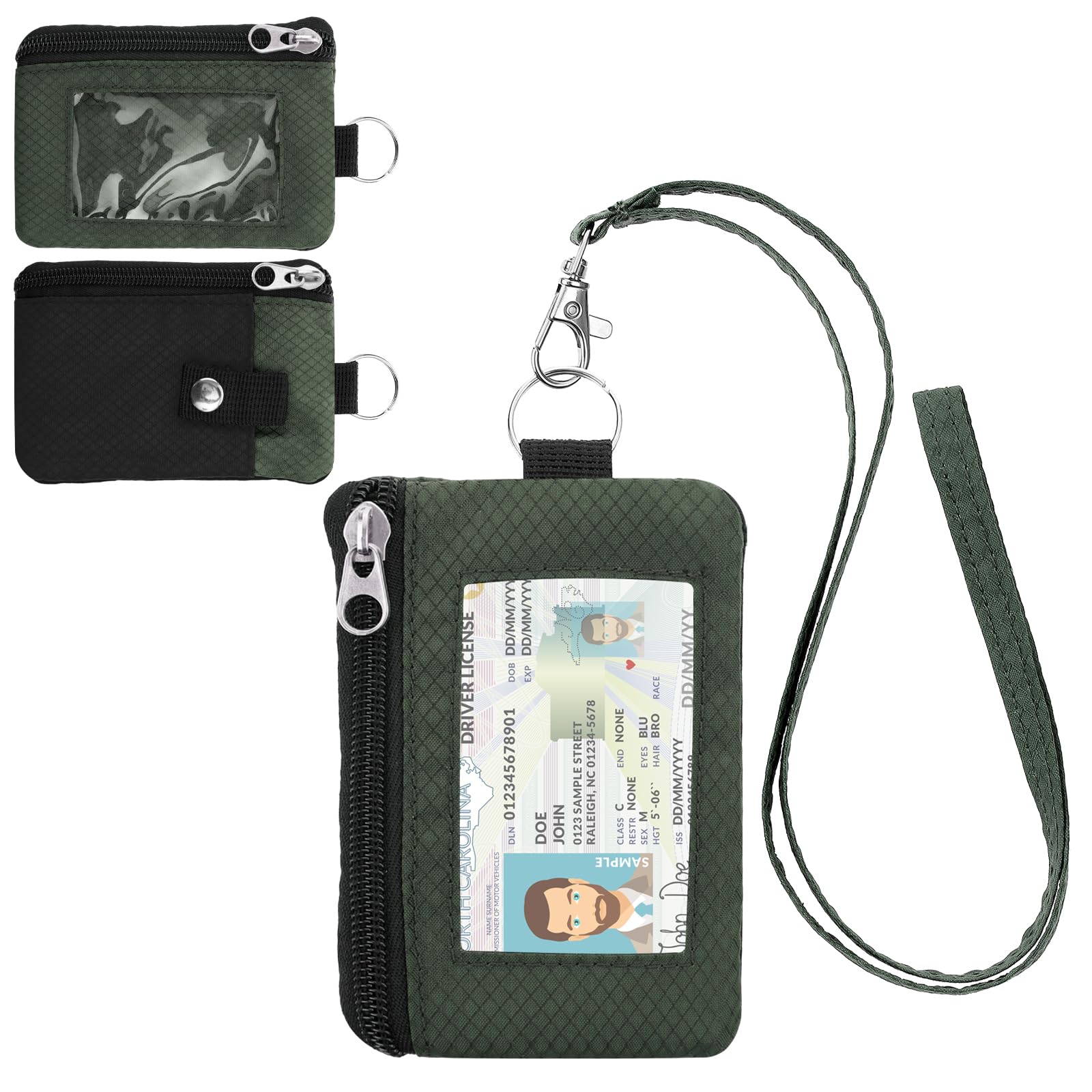 Minimalist RFID Wallet with Lanyard, Multi-Functional ID Case with 2 Zipper Pockets and Key Chain for Men and Women, Tactical Badge Pouch Cards Holder, Coin Purse for Travel Sports - Black&amp;Army