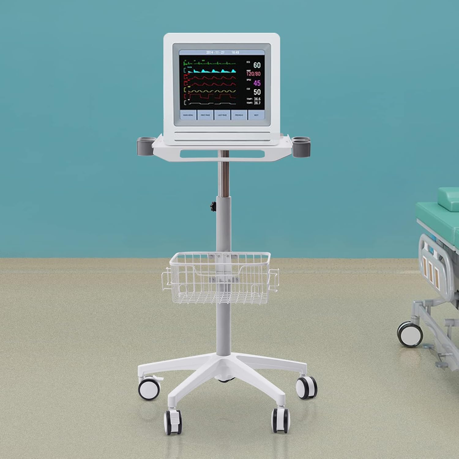 Mobile Trolley Cart Lab Serving Cart Utility Rolling Cart with Storage Basket 55.12lbs, 85-110cm Height Adjustable, Desktop Lab Cart Rolling