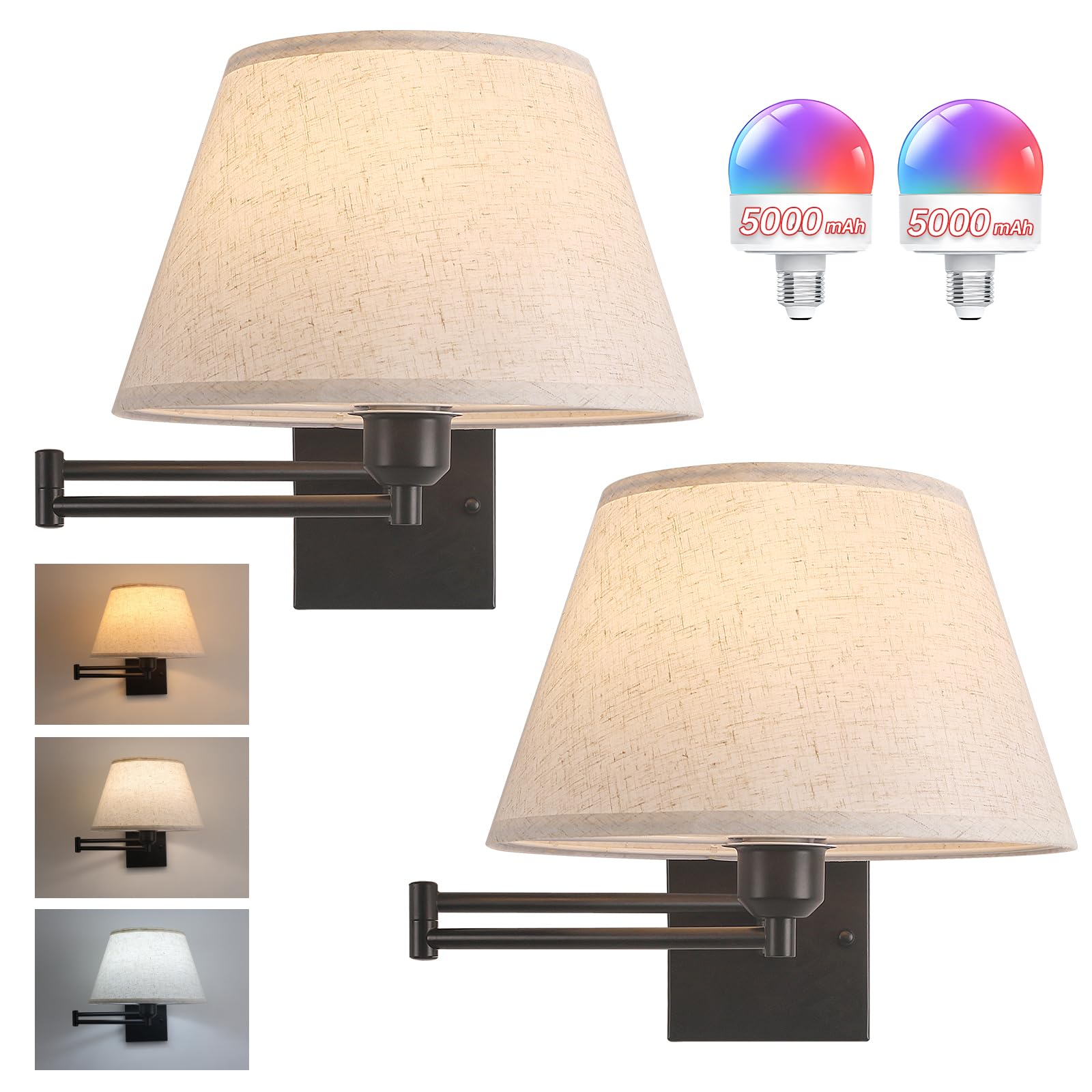 Shenmoyl Battery Operated Wall Sconces Set of 2, Swing Arm Adjustable Wall Lamp 5000 mAh Rechargeable Bulb with 12 RGB Colors Dimmable Wall Sconce for Living Room Bedroom