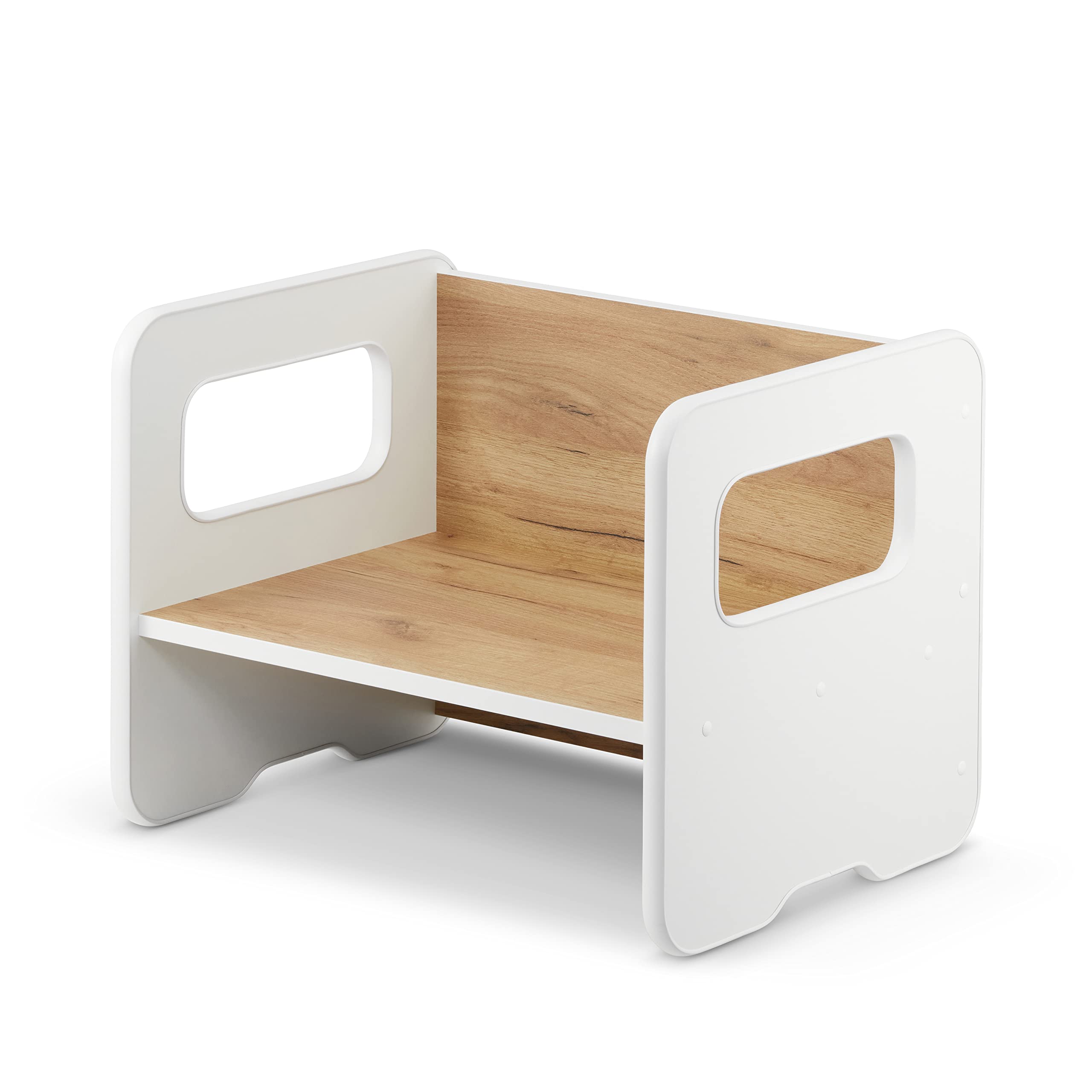 defiPad Panca per bambini multifunzione in legno con 2 altezze e funzione tavolino (Bianco + Rovere)