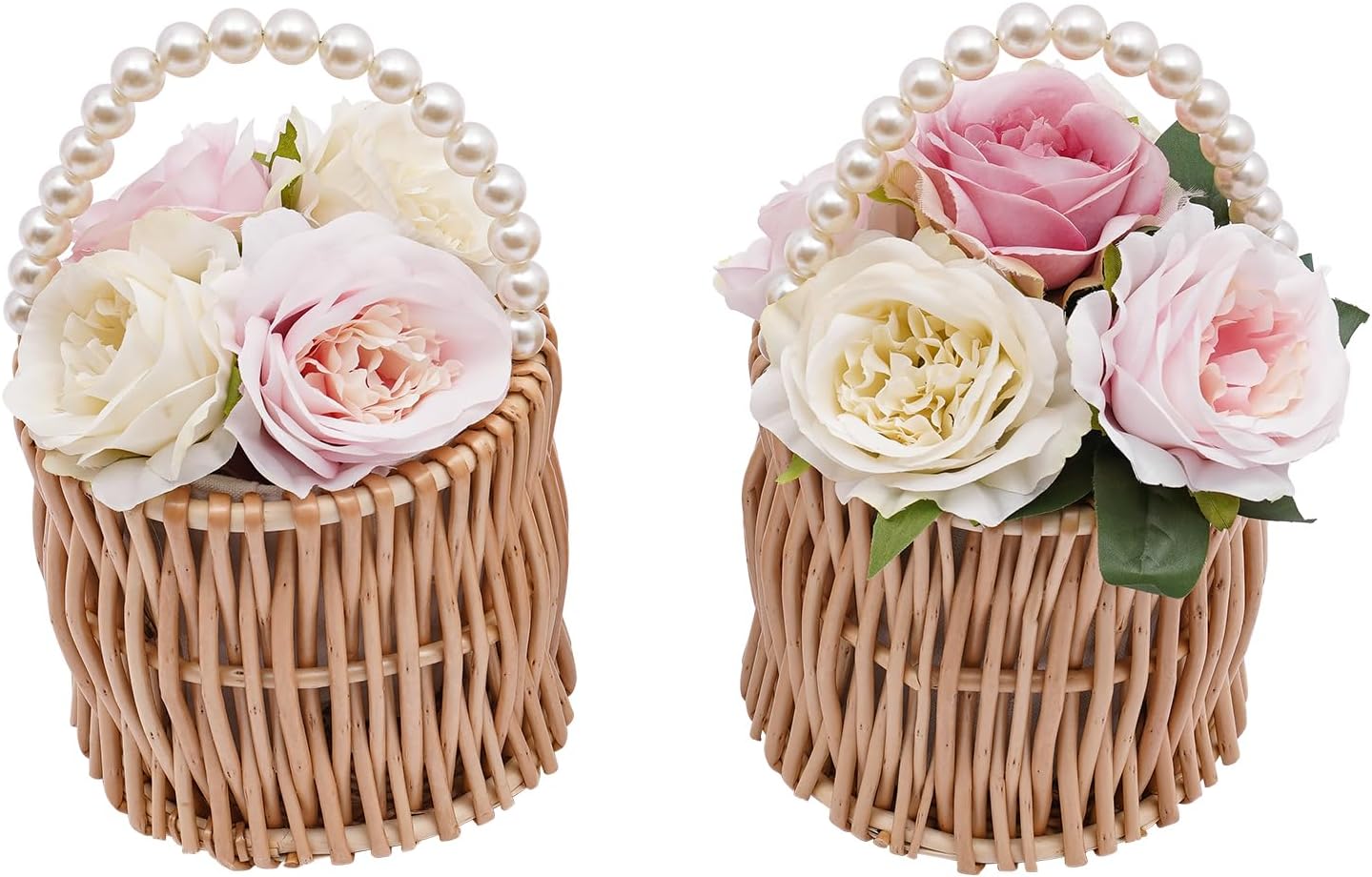 8PCS Wicker Rattan Flower Girl Basket,Wicker Basket with Pearl Handle Bow Fairy Flower Basket for Weddings Bridal Anniversary Party Decor