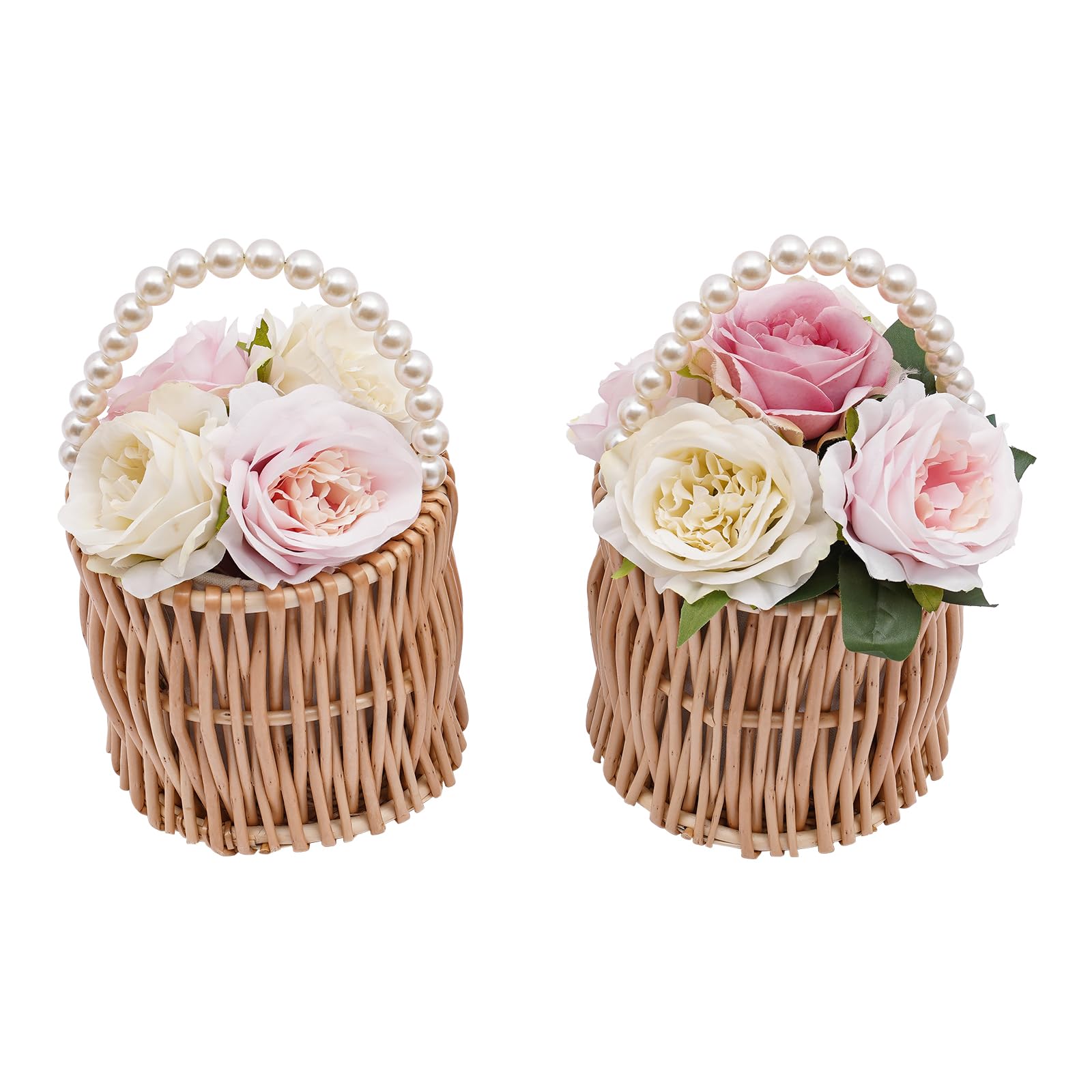 JAYGOVAN 8 PCS Wicker Wedding Flower Girl Baskets Pearl Wicker Rattan Flower Basket Handwoven Easter Basket Wicker Basket with Pearl Handle Wicker Tote for Candy Garden Home, 5.9’’x 6.3’’Inch