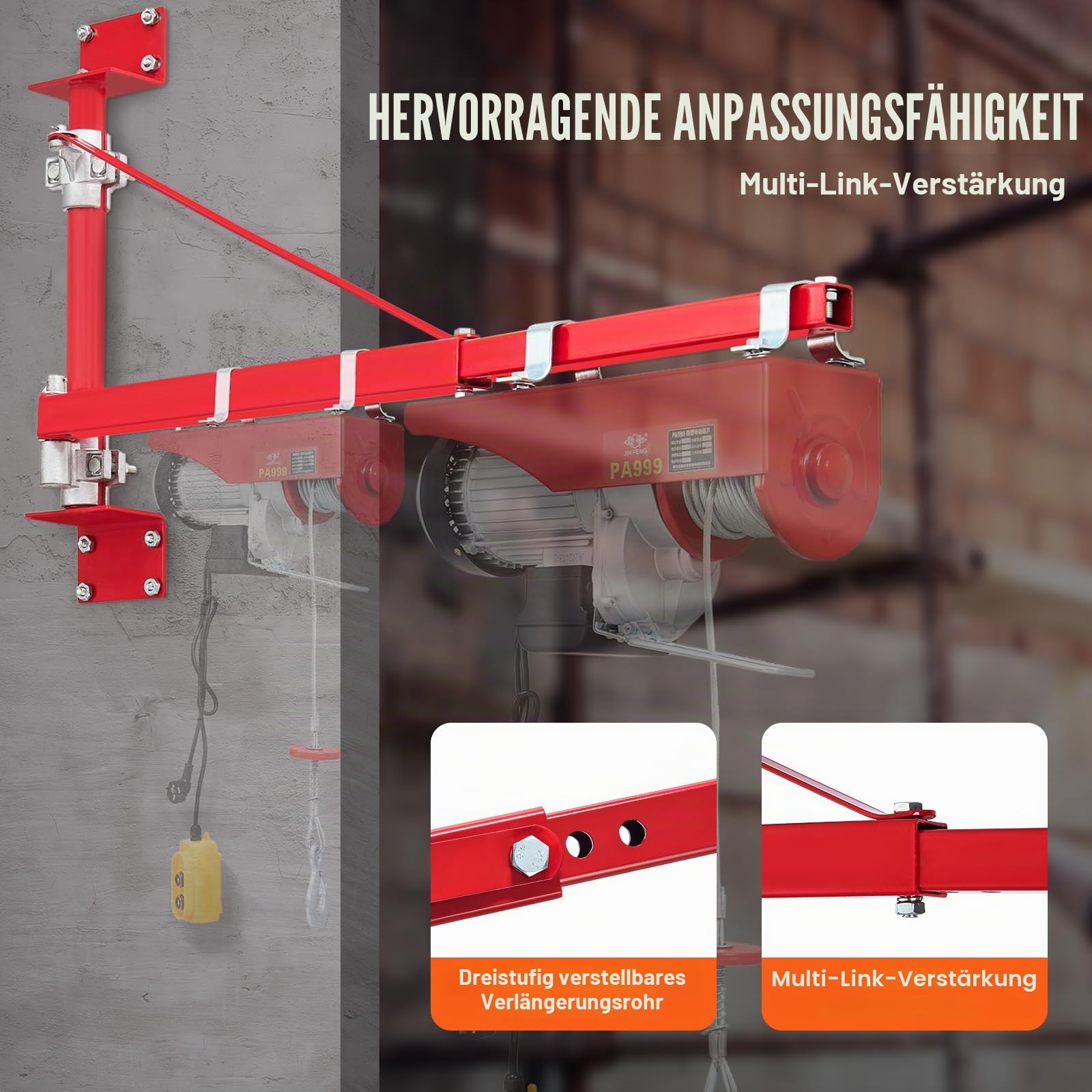 VEVOR Elektrischer Hebezeug-Stützarm 600 kg Tragkraft Schwenkarm aus Stahl 180° schwenkbar für Werkstatt Garage