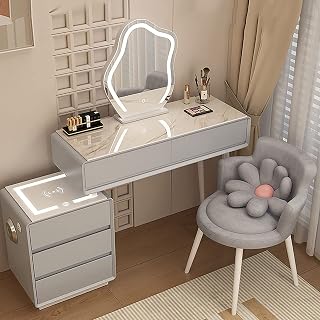 Vanity Table with 3 Color Illuminated Mirror Bluetooth Speaker & Wireless Charging Station 5/8 Drawer Makeup Desk Set Solid Wood Stylish Gray Finish for Her