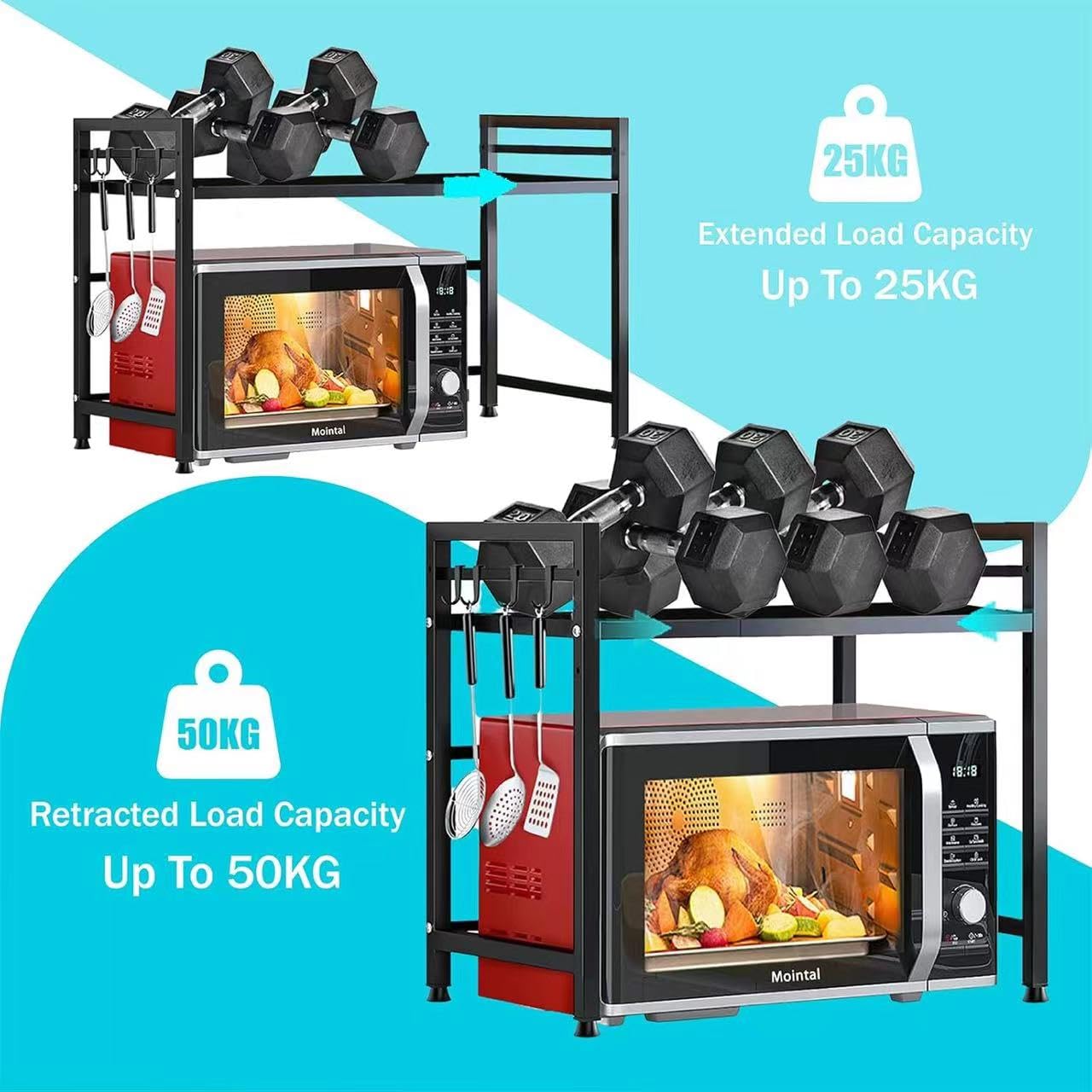 LUHWYJA Soporte Extensible para Horno de Microondas, Estante Ajustable, Rejilla para encimera de Cocina Organizador Estanteria Mueble con 6 Ganchos (2 Niveles, Negro)