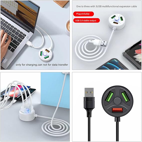Multi Device USB Charging Hub with 3 Ports Multi Charger Port Splitter Extender 118cm/46.46in Cable USB Light