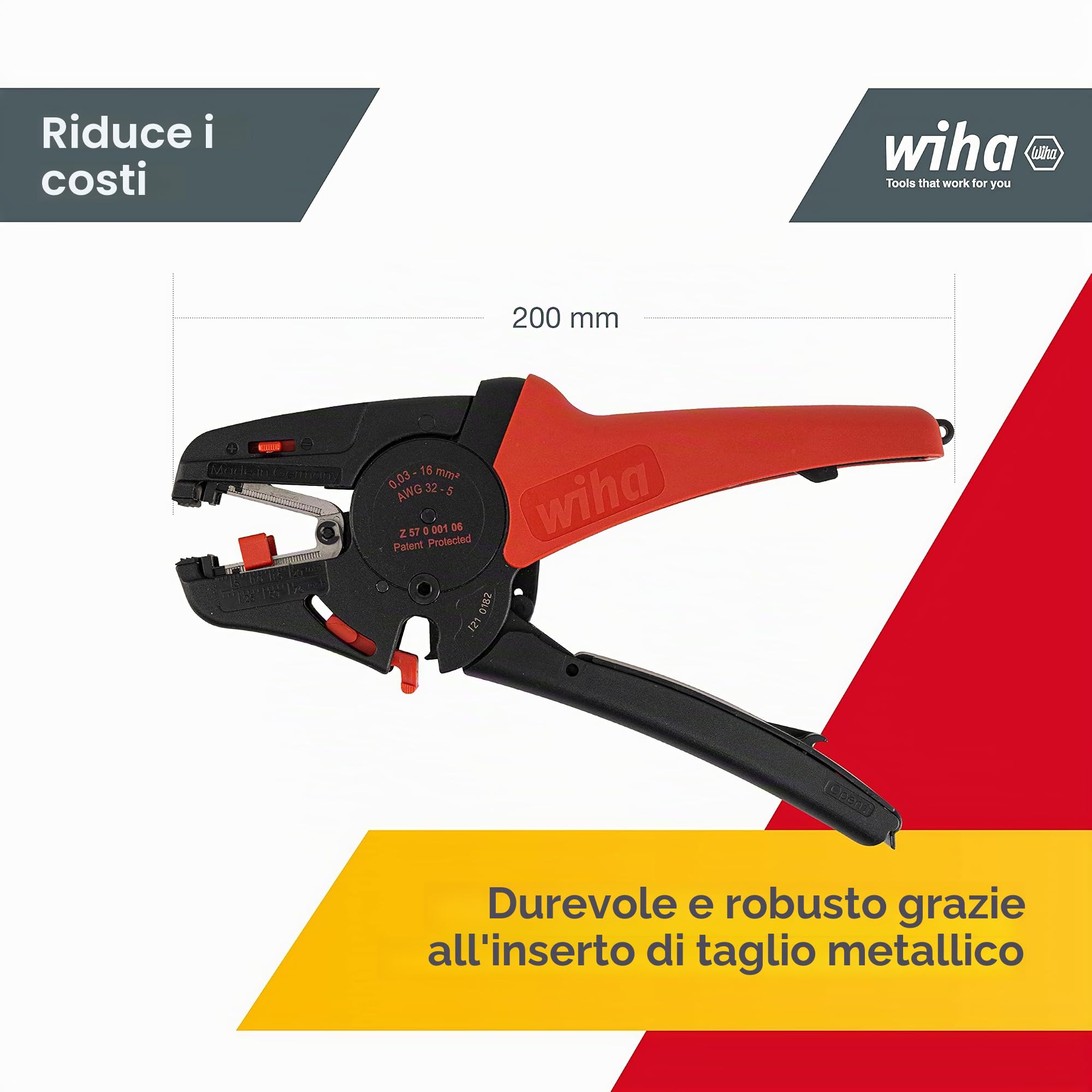 Wiha Herramienta pelacable automática hasta 16 mm² 200 mm, 8" (42062) | (42062) Utensile sguainacavi I spelafili I utensile per elettricisti I spelacavi