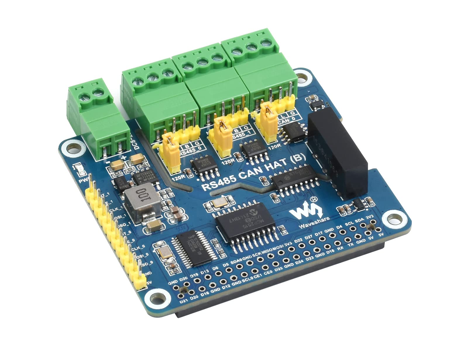 for Raspberry Pi 4B/3B+/3B/2B/Zero/Zero W/Zero 2W/ 2WH, Isolated RS485 CAN HAT, 2-Ch RS485 and 1-Ch CAN, SPI Communication, Bulit-in Power Supply