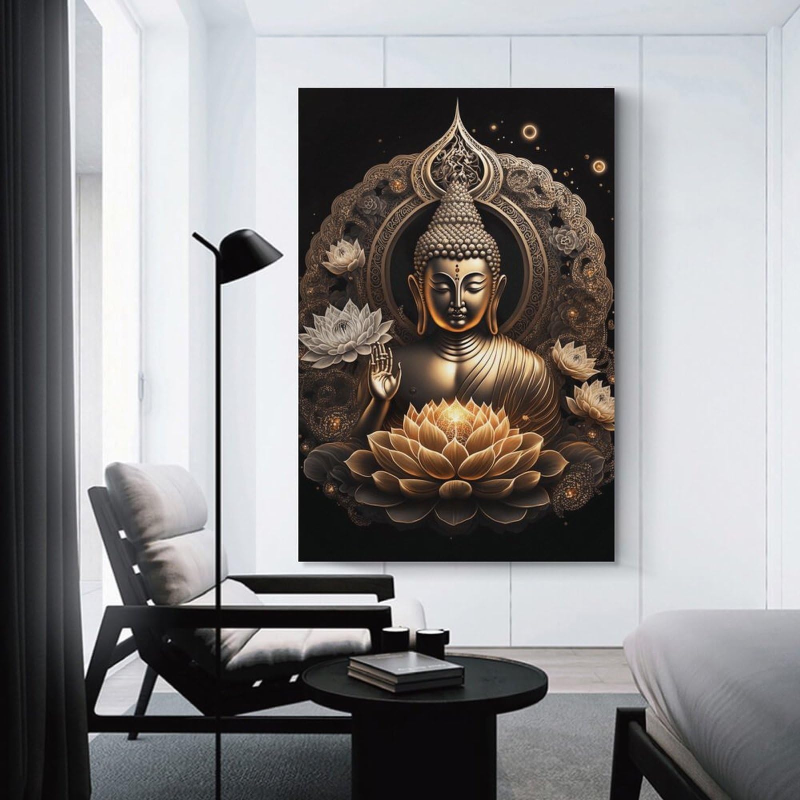 Junmoney Unframe-Style-20 Golden Buddha Statue With Lotus Wall Picture Print, 24X36inch(60X90cm), For New Homes, Bedrooms Or Workspaces, Thoughtful Wall Decor For Art Lovers