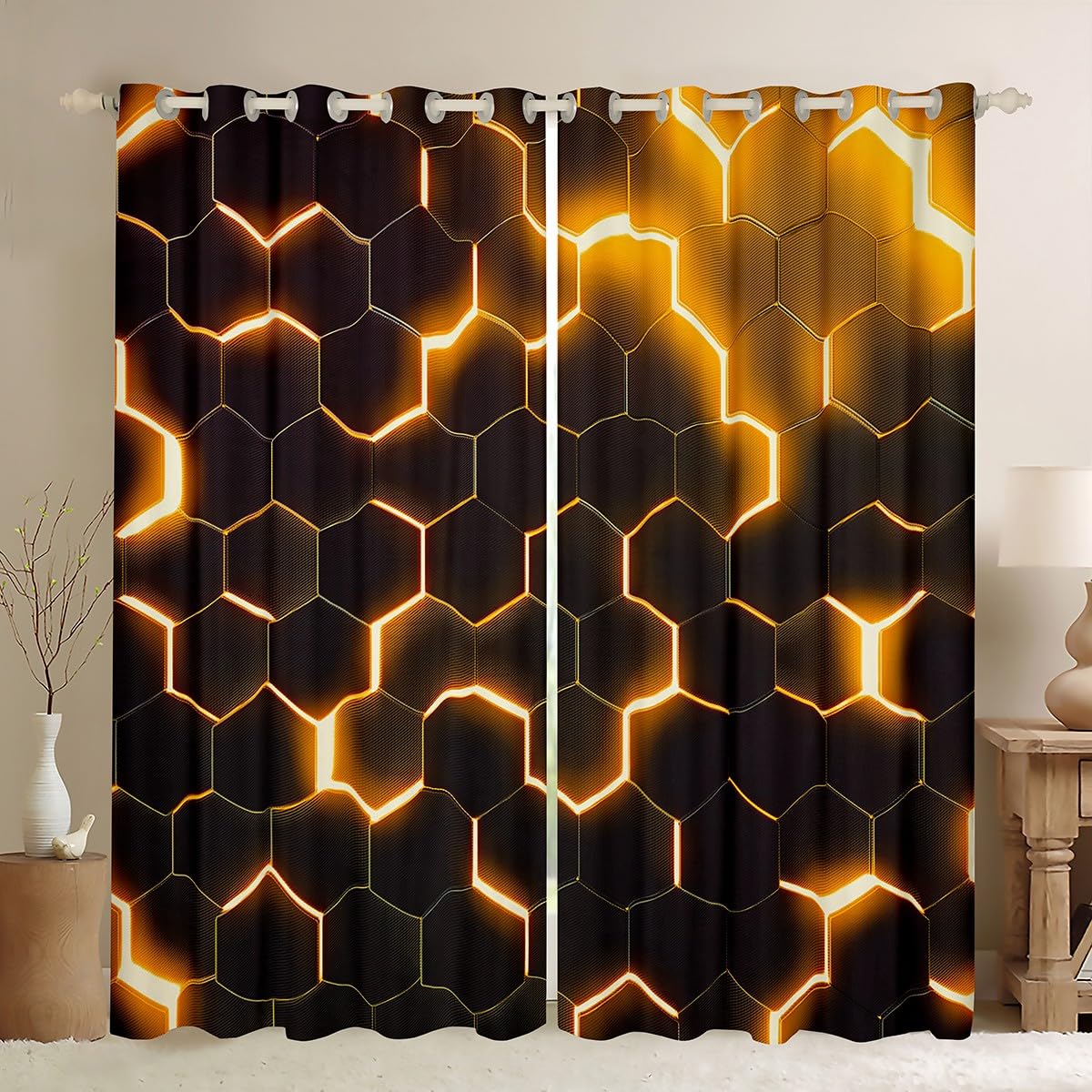 Homewish Orange Hexagonal Blackout Curtains 46 x 72 Inch - Neon Modern Honeycomb Pattern Eyelet Curtains for Living Room Bedroom Dorm - Geometric Room Darkening Window Drapes 2 Panels — image 1