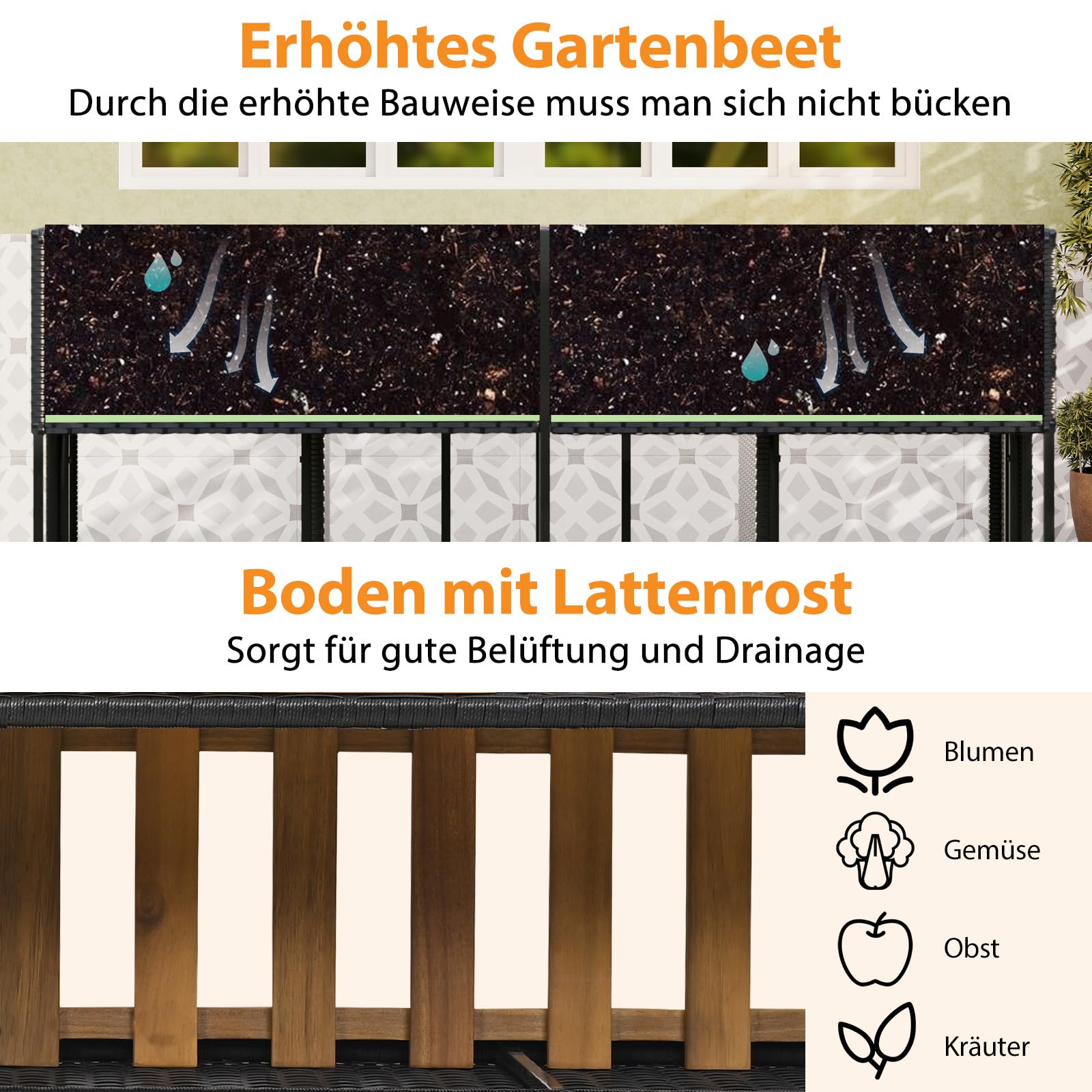 COSTWAY Gartenmöbel Set mit Hochbeet (Schwarz) | Kräuterbeet mit integrierten Stühlen, Balkonset, Balkonmöbel, Sitzgarnitur, Sitzgruppe für Garten, Balkon, Terrasse
